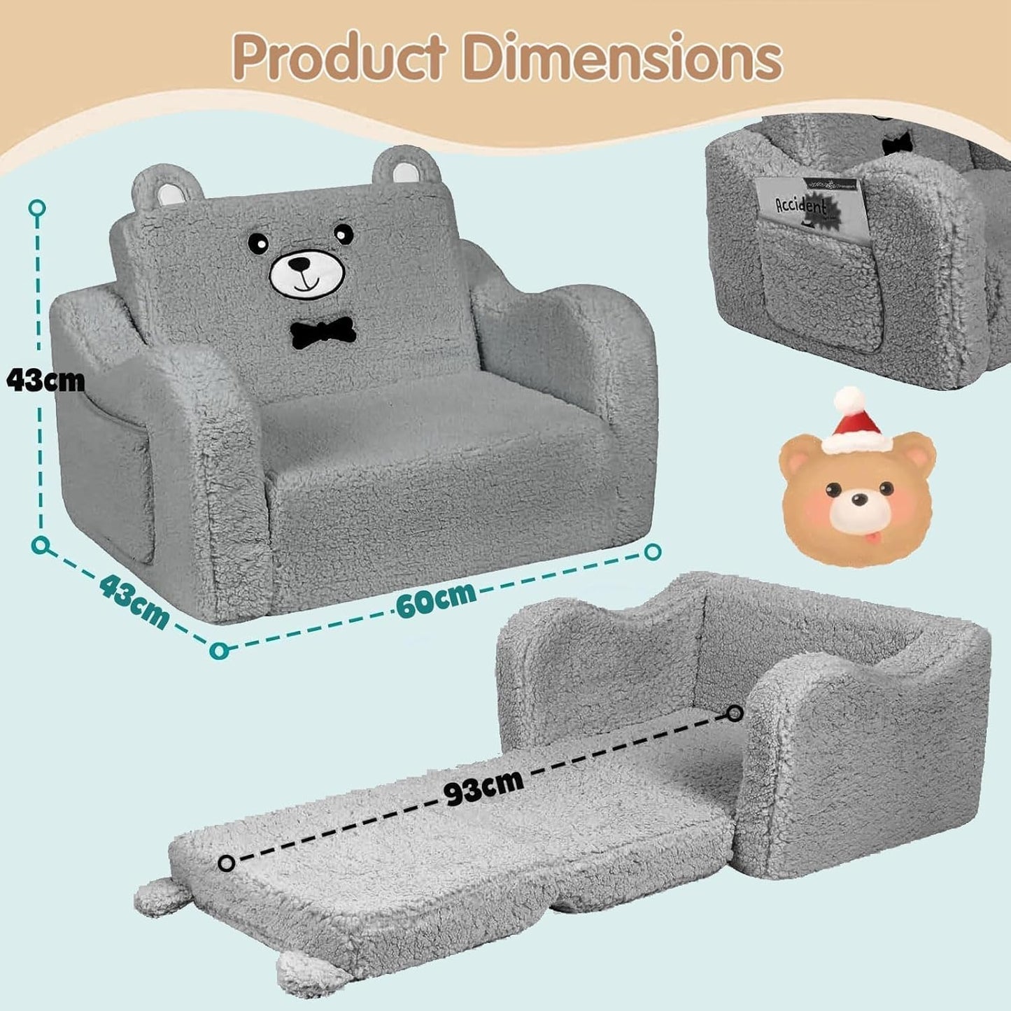 LIODUX 2-in-1 Sofas Kids Plush Convertible Grey Sofa Chair Lounge DEMO