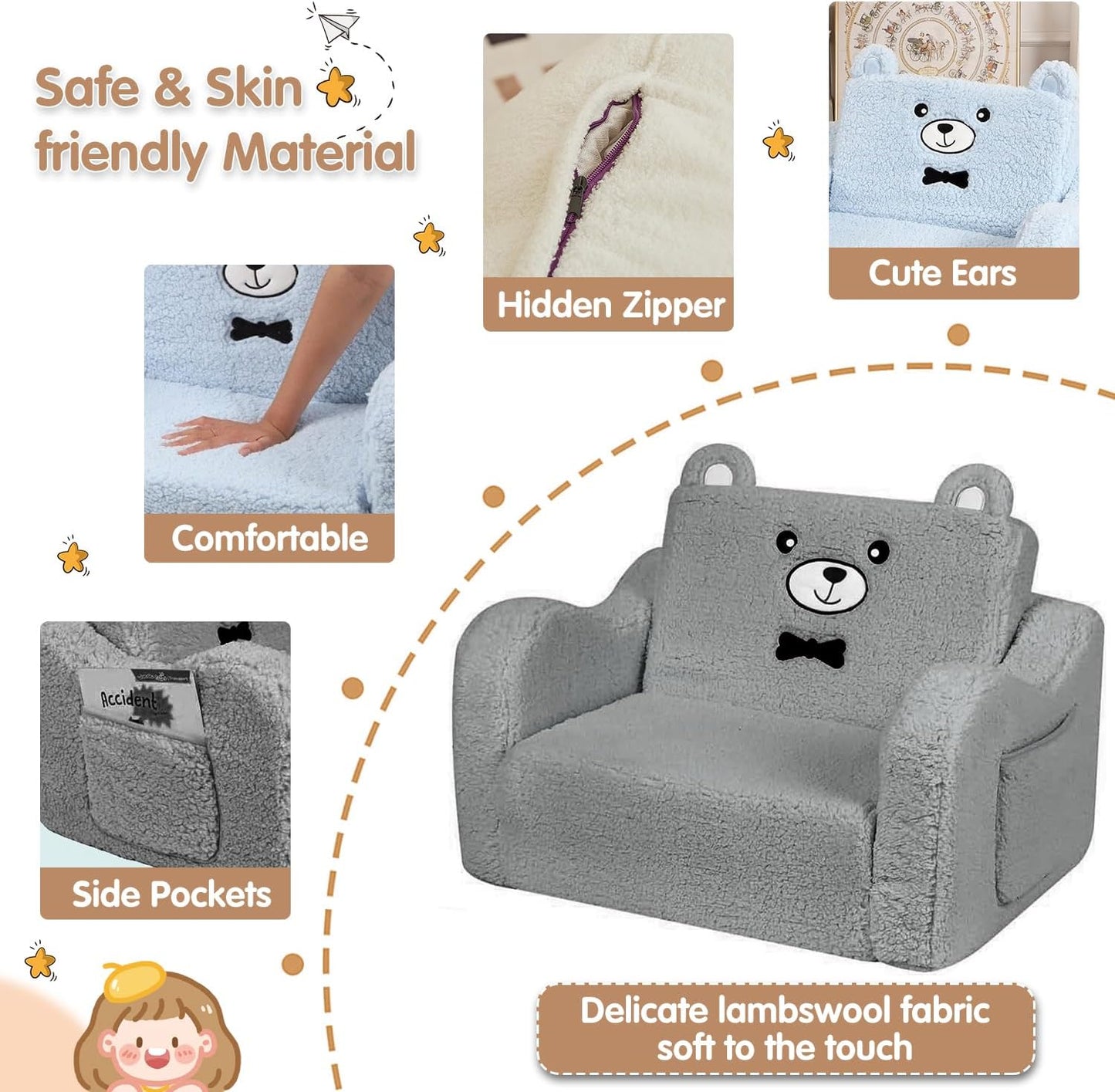 LIODUX 2-in-1 Sofas Kids Plush Convertible Grey Sofa Chair Lounge DEMO