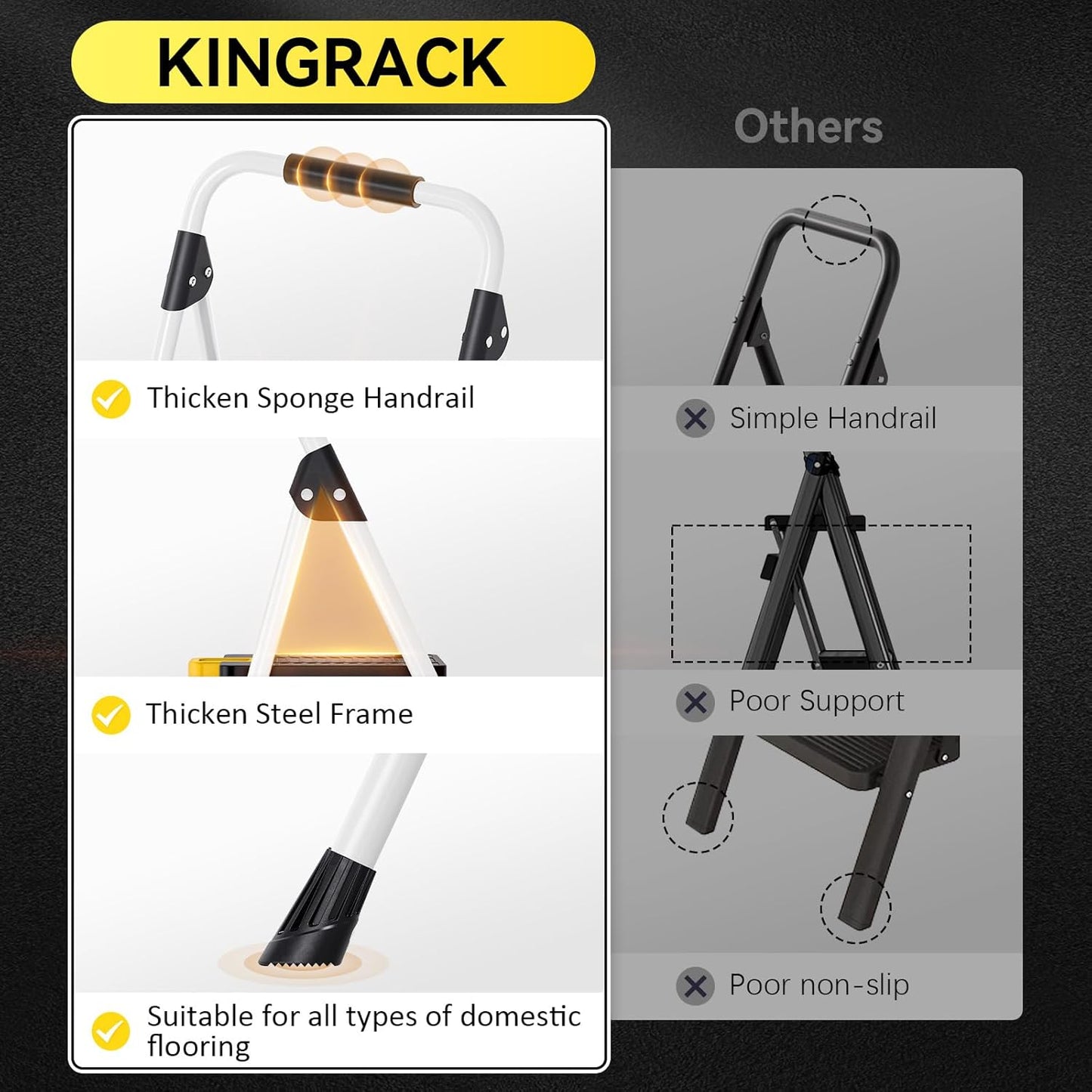 KINGRACK 3-Step Stepstools Folding Steel Stool with Safe-Lock Design, Sturdy