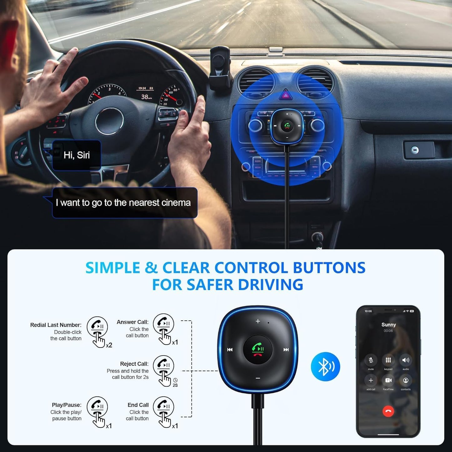SONRU Bluetooth 5.3 Aux Adapter Wireless Audio Receiver with Mic Noise DEMO