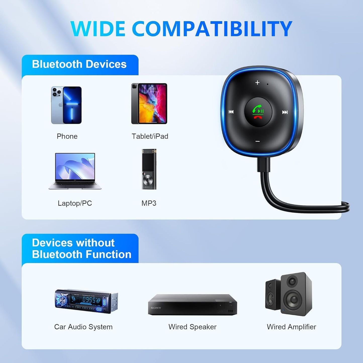 SONRU Bluetooth 5.3 Aux Adapter Wireless Audio Receiver with Mic Noise DEMO