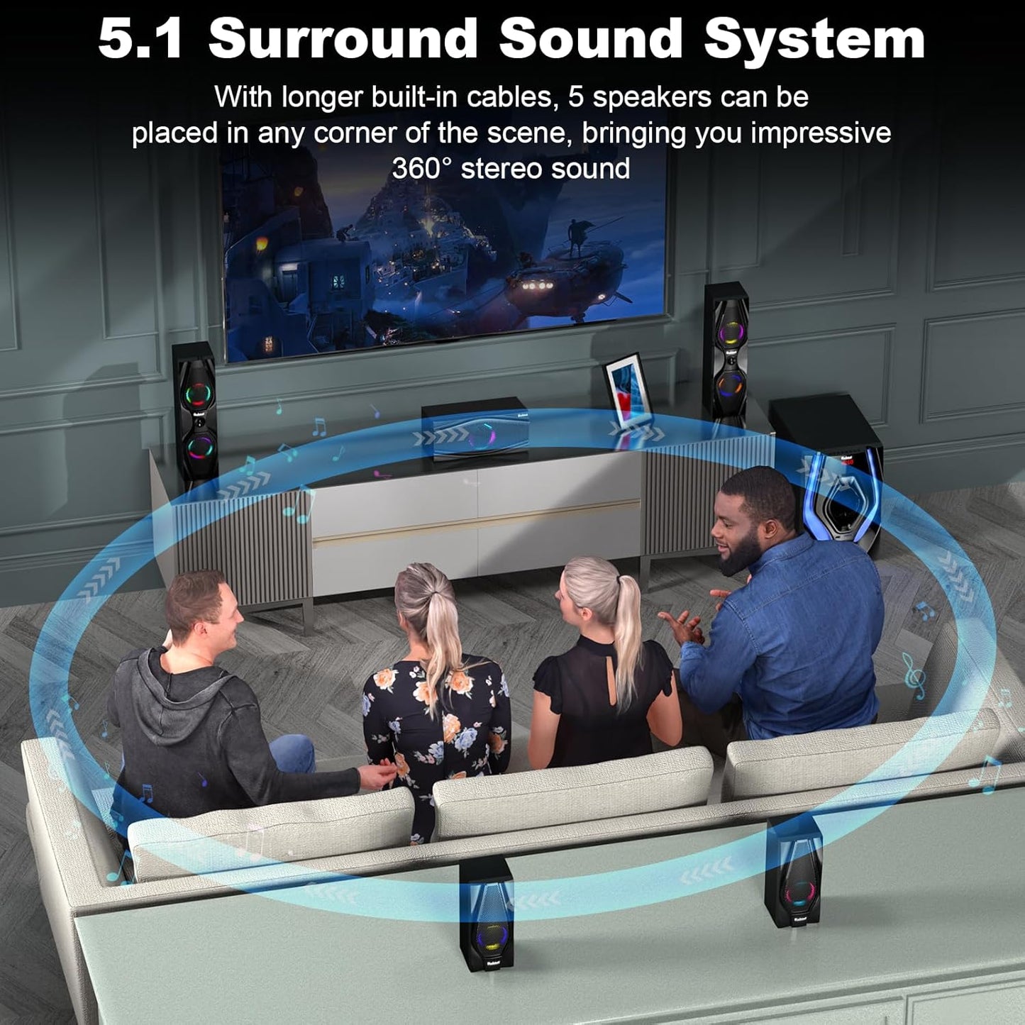Bobtot 1200W 10" Subwoofer 5.1/2.1 Surround Sound Speaker System Black DEMO
