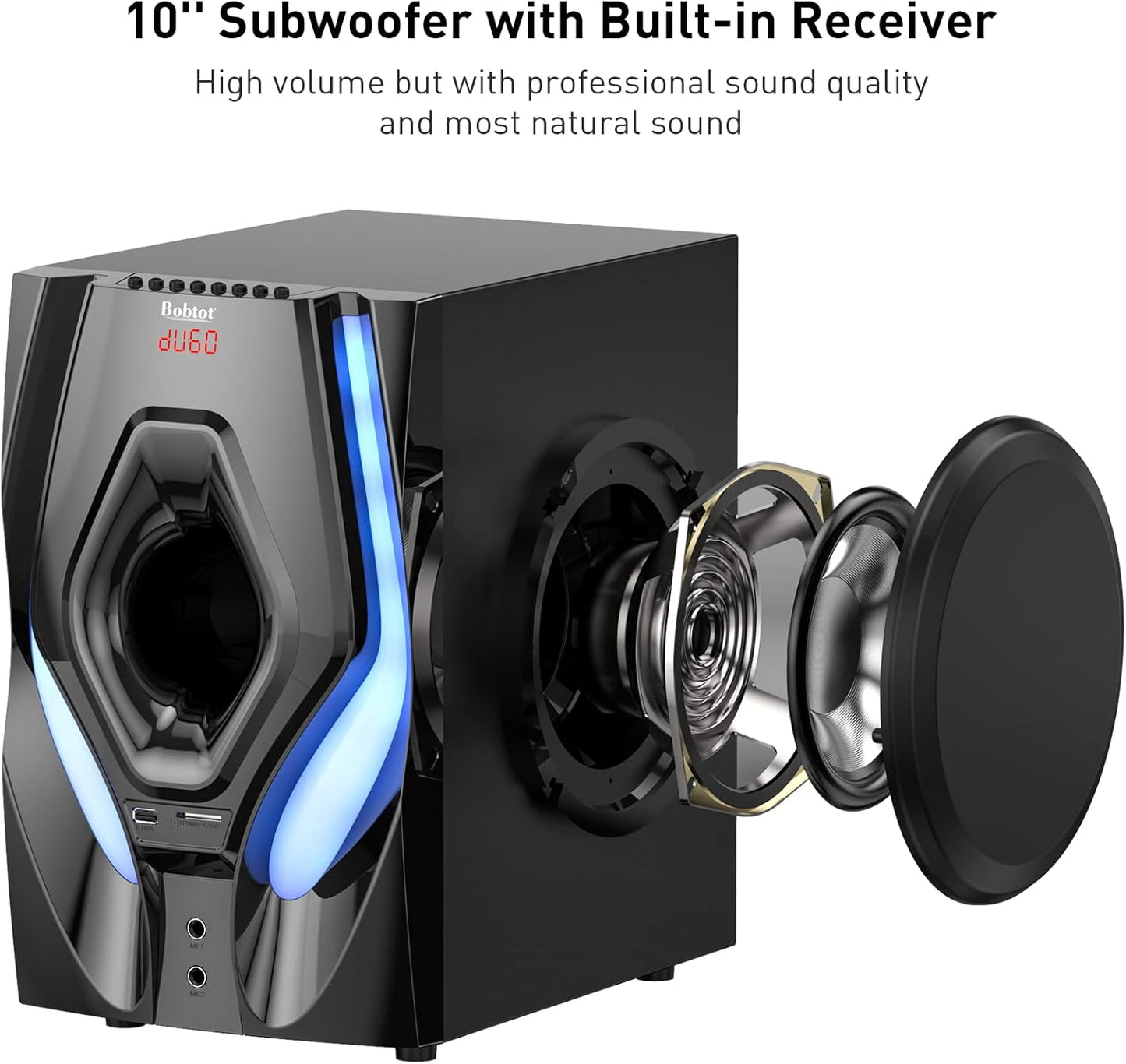 Bobtot 1200W 10" Subwoofer 5.1/2.1 Surround Sound Speaker System Black DEMO