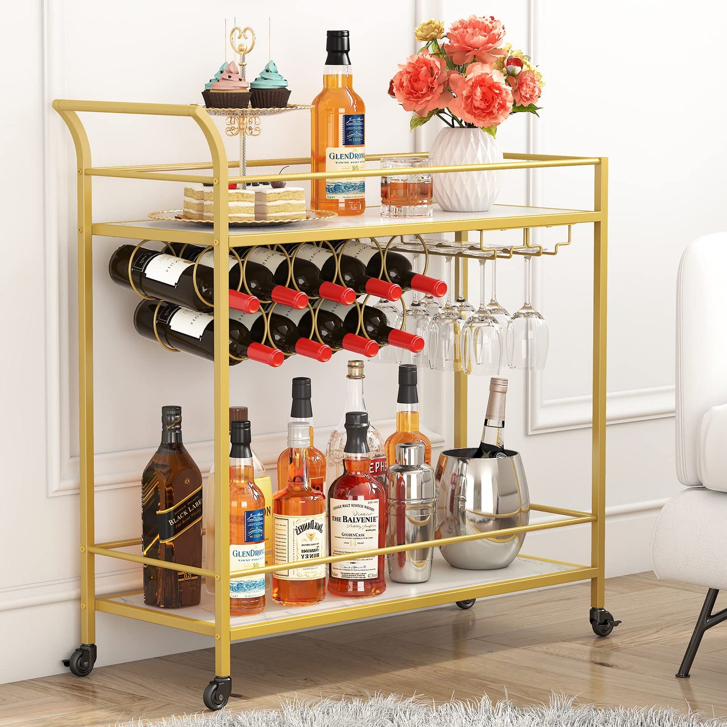 Lifewit 2-Tier Bar Cart with 9 Wine Bottle Racks Serving Trolley Gold DEMO