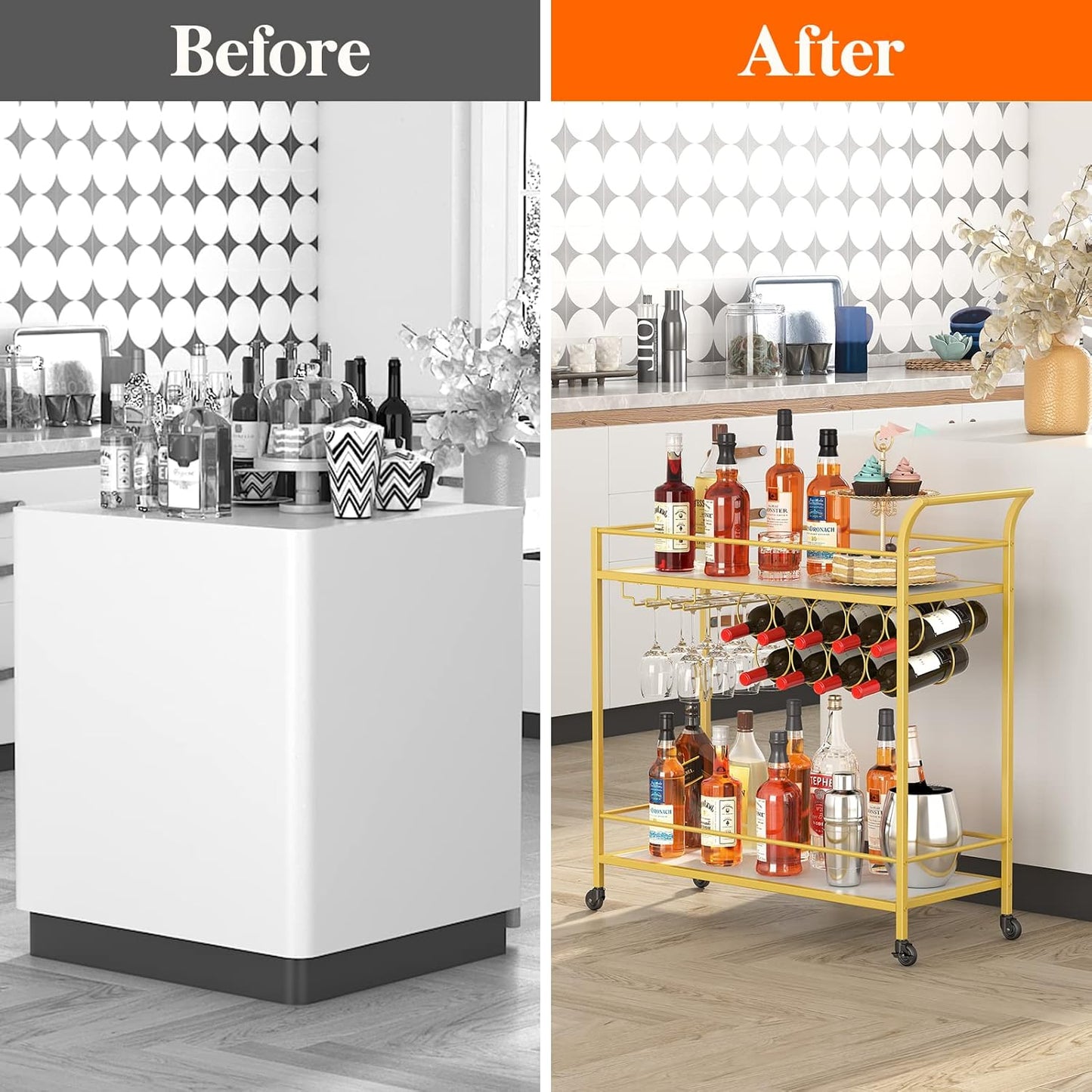 Lifewit 2-Tier Bar Cart with 9 Wine Bottle Racks Serving Trolley Gold DEMO