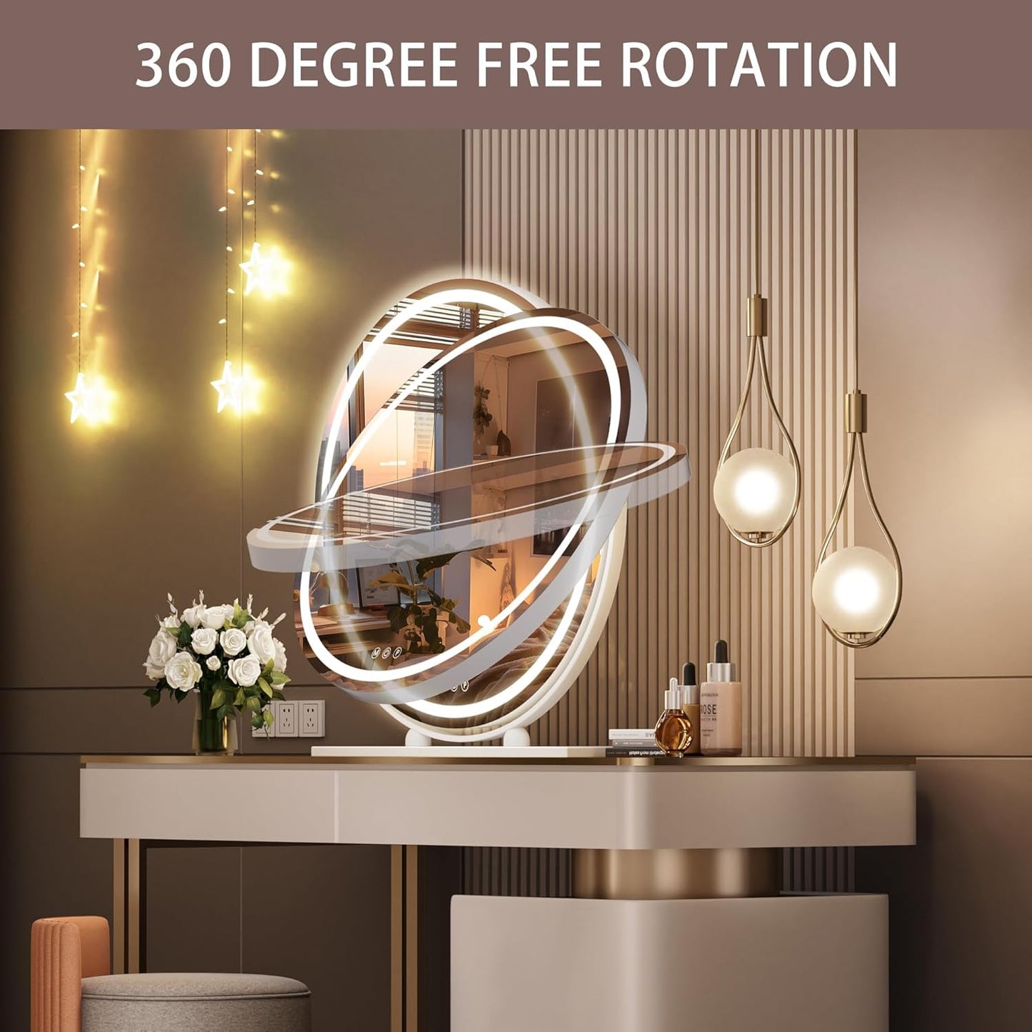 Hasipu 60cm Round LED Makeup Mirror with Lights for Vanity Table Desk, Gold NEW