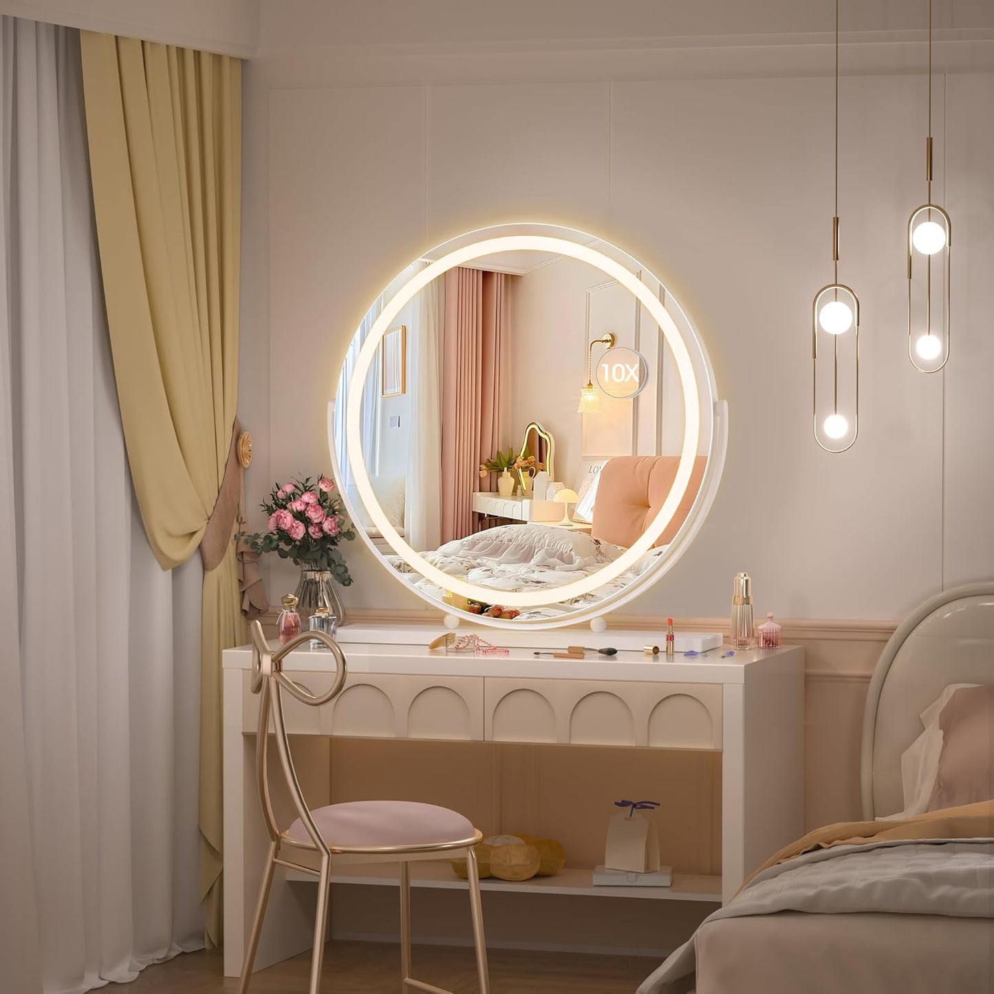 Hasipu 60cm Round LED Makeup Mirror with Lights for Vanity Table Desk, Gold NEW