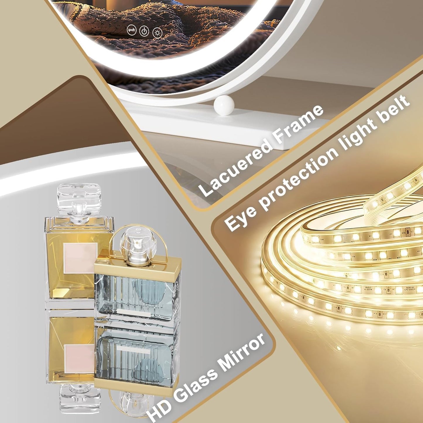 Hasipu 60cm Round LED Makeup Mirror with Lights for Vanity Table Desk, Gold NEW