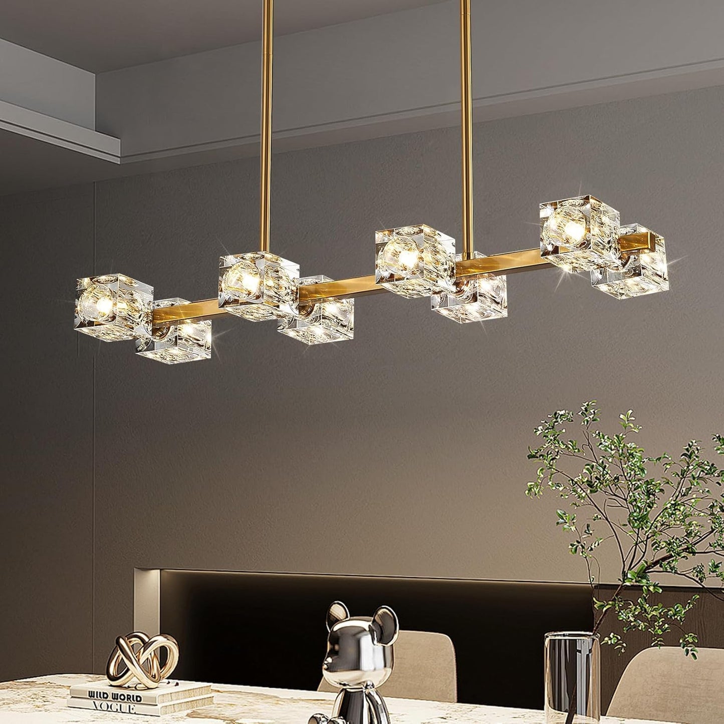 ZIYBICB 8-Light Chandeliers Gold Modern Crystal Chandelier Rectangular DEMO