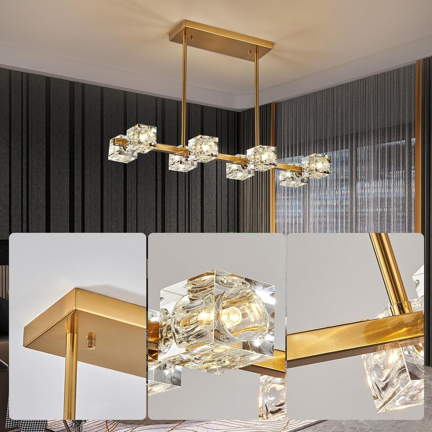 ZIYBICB 8-Light Chandeliers Gold Modern Crystal Chandelier Rectangular DEMO