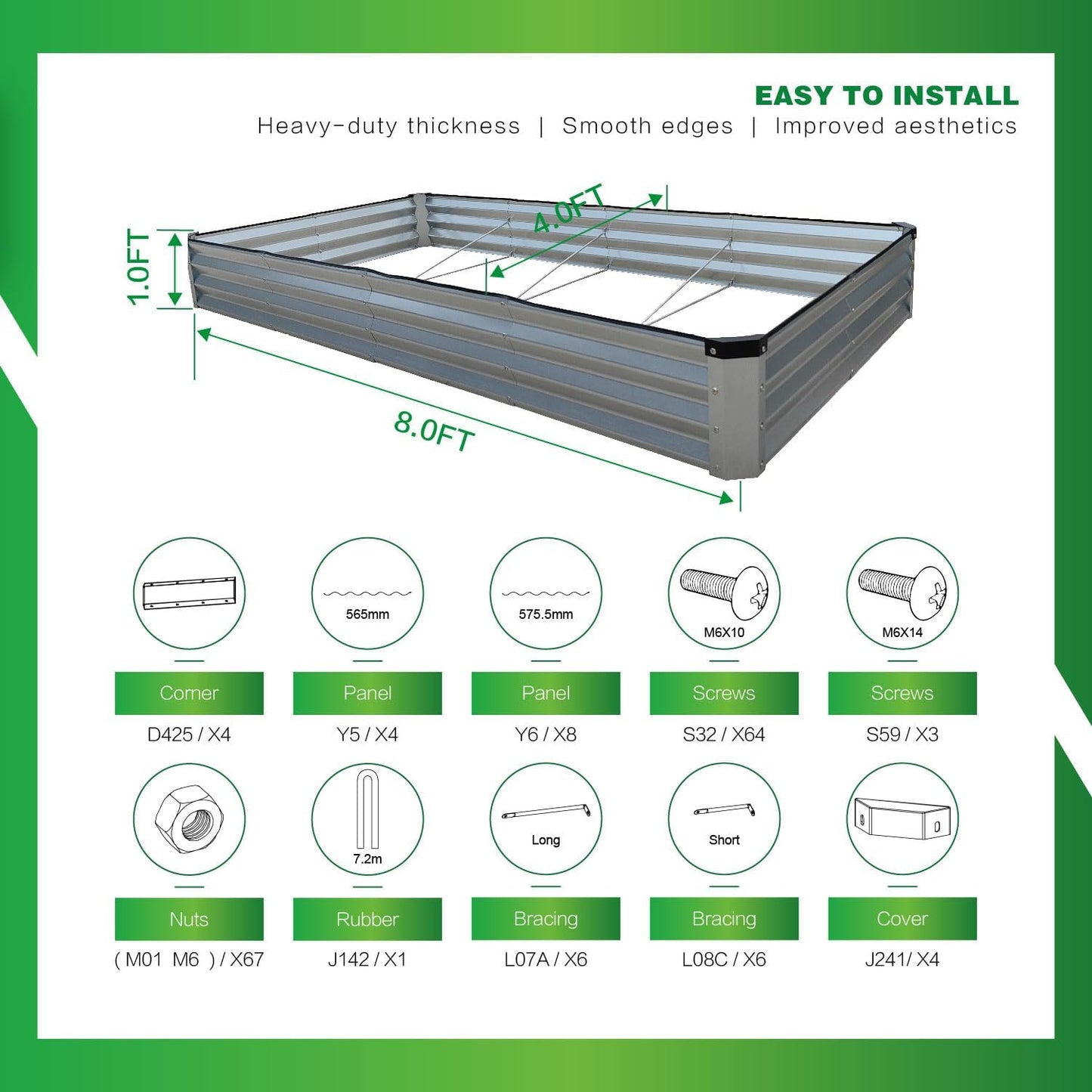 Galvanized Raised Garden Bed Kits - Metal Planter Boxes, 8x4x1 FT, Silver NEW