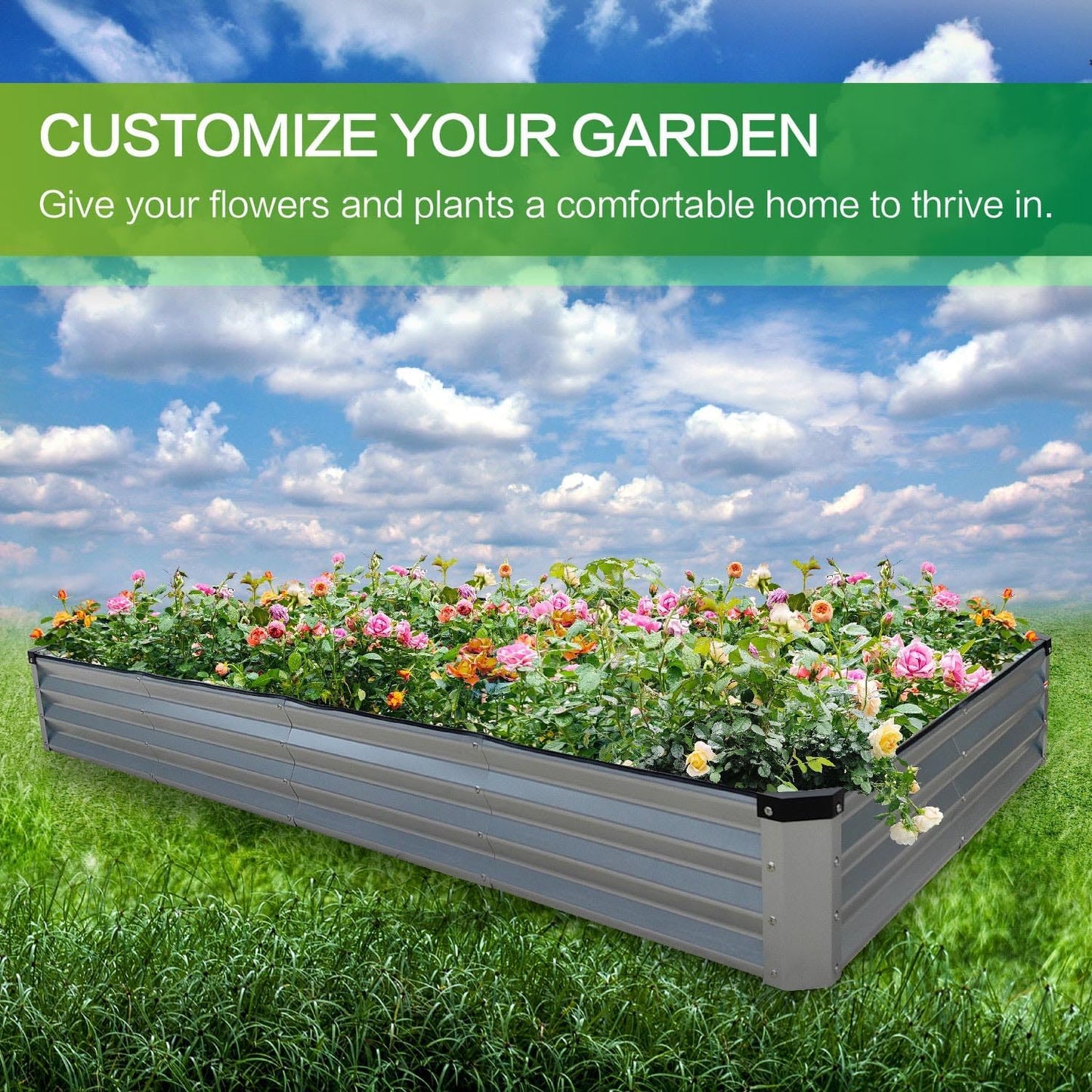Galvanized Raised Garden Bed Kits - Metal Planter Boxes, 8x4x1 FT, Silver NEW