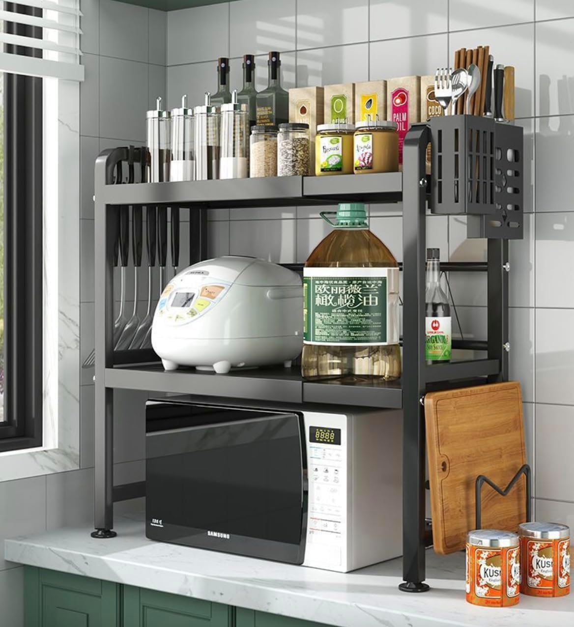 INSTA HEAVEN Adjustable Metal Kitchen Rack with 6 Hooks 2 Layers Black NEW