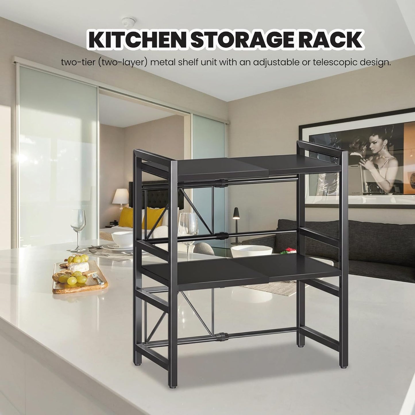 TRUCART Adjustable Metal Kitchen Rack with Hooks and Shelves, Black Storage NEW