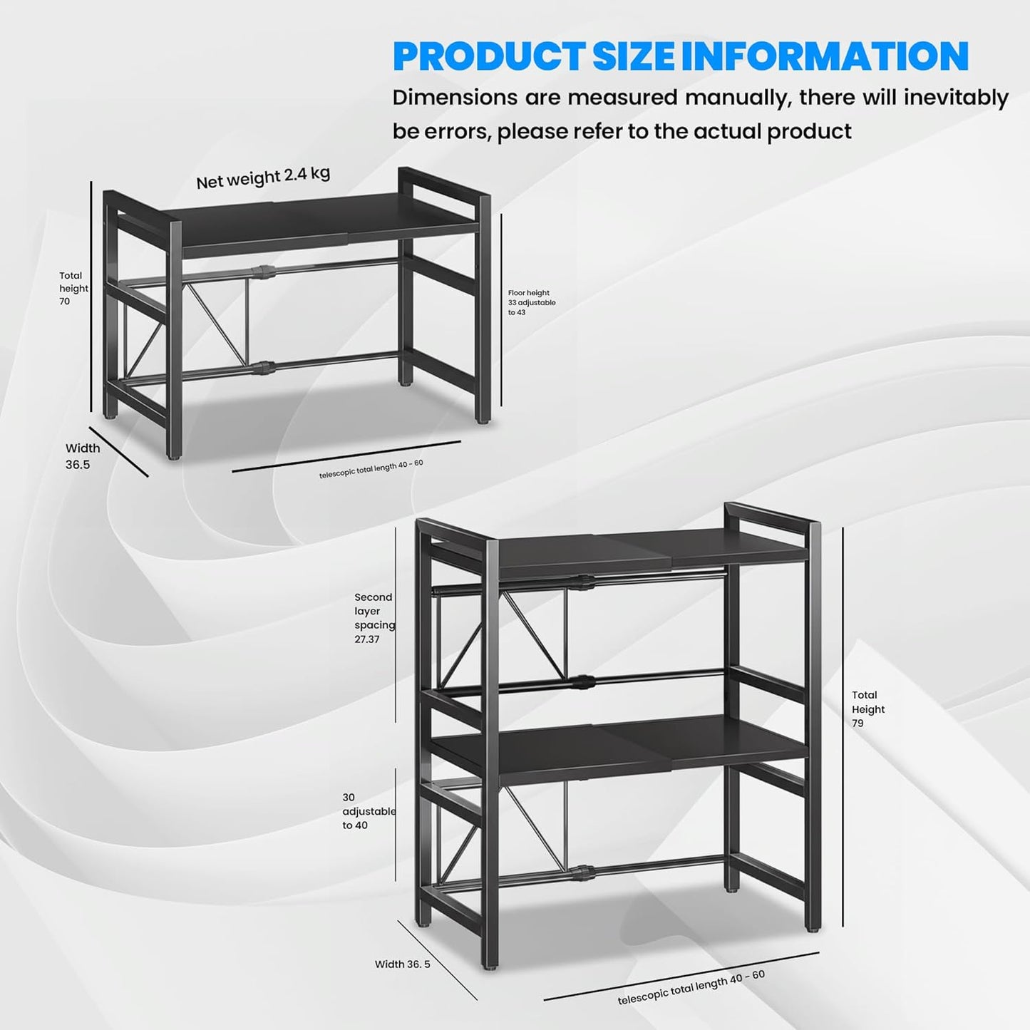 TRUCART Adjustable Metal Kitchen Rack with Hooks and Shelves, Black Storage NEW