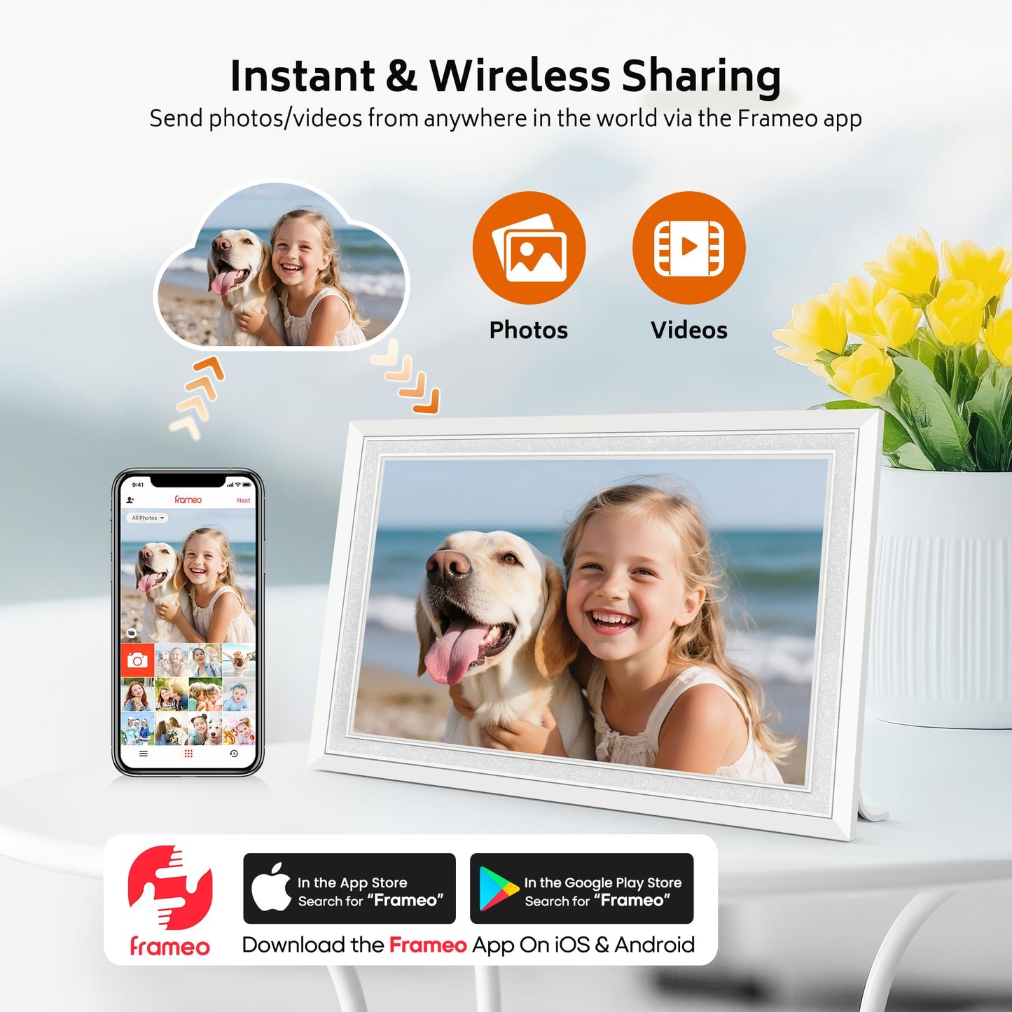 10.1 Inch Digital Photo Frame 1080P WiFi Display, Wall Mountable, White DEMO