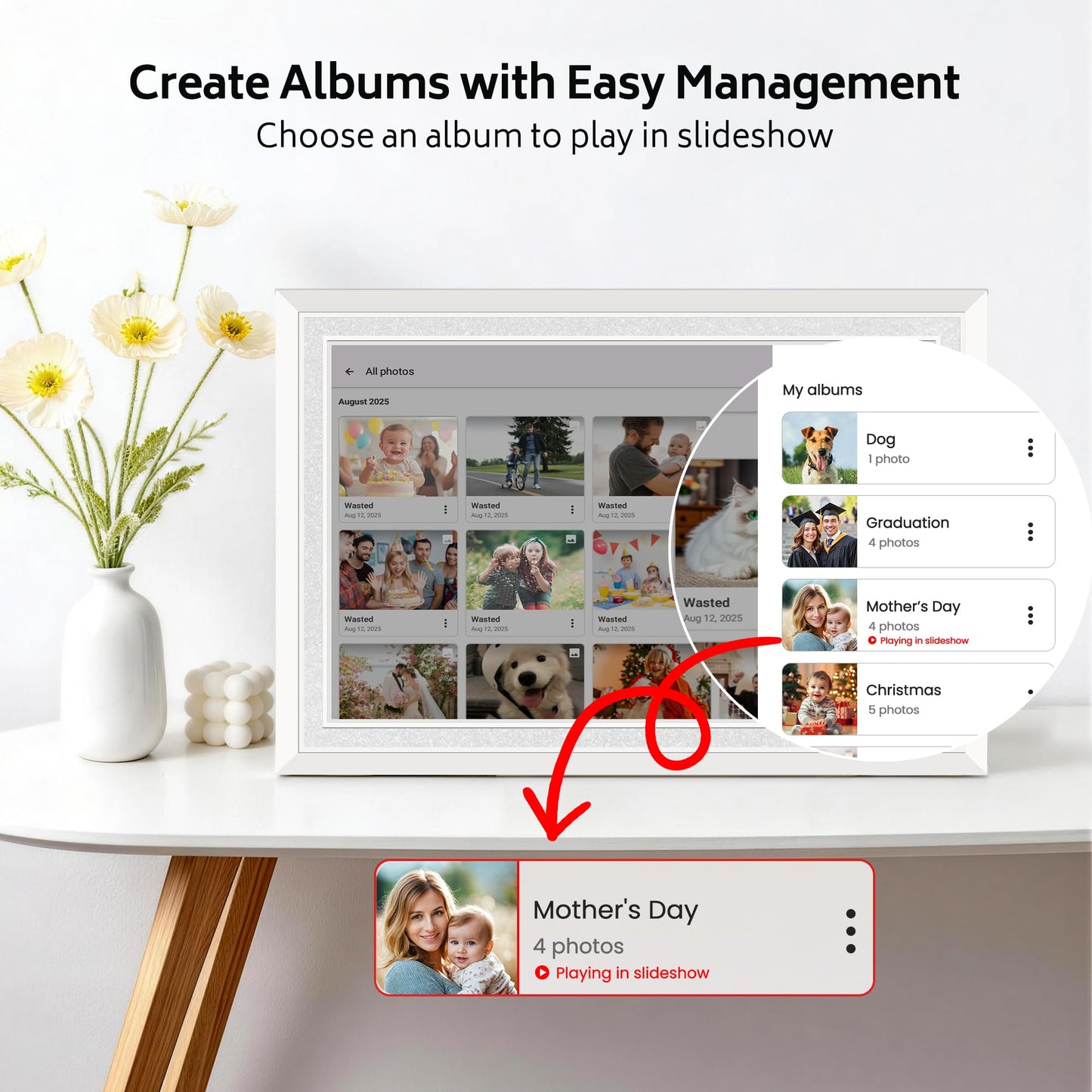 10.1 Inch Digital Photo Frame 1080P WiFi Display, Wall Mountable, White DEMO