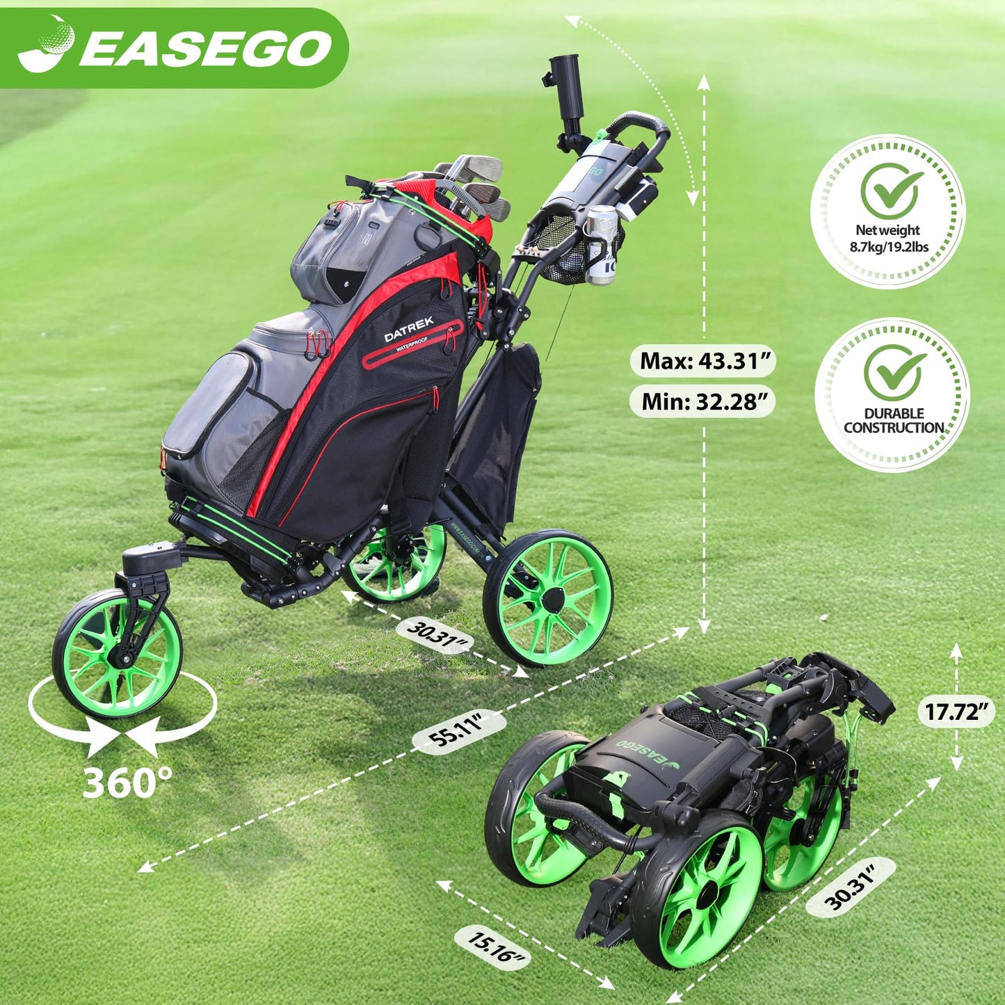 EASEGO 360° Swivel Folding Utility Cart Trolley, Black, 30.31 inch, DEMO