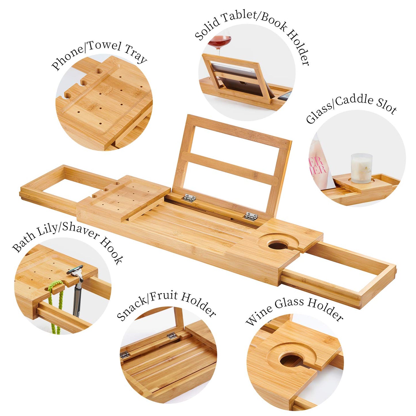 Utoplike Bamboo Bathing Accessories Bathtub Tray Wooden Bath Caddy with DEMO
