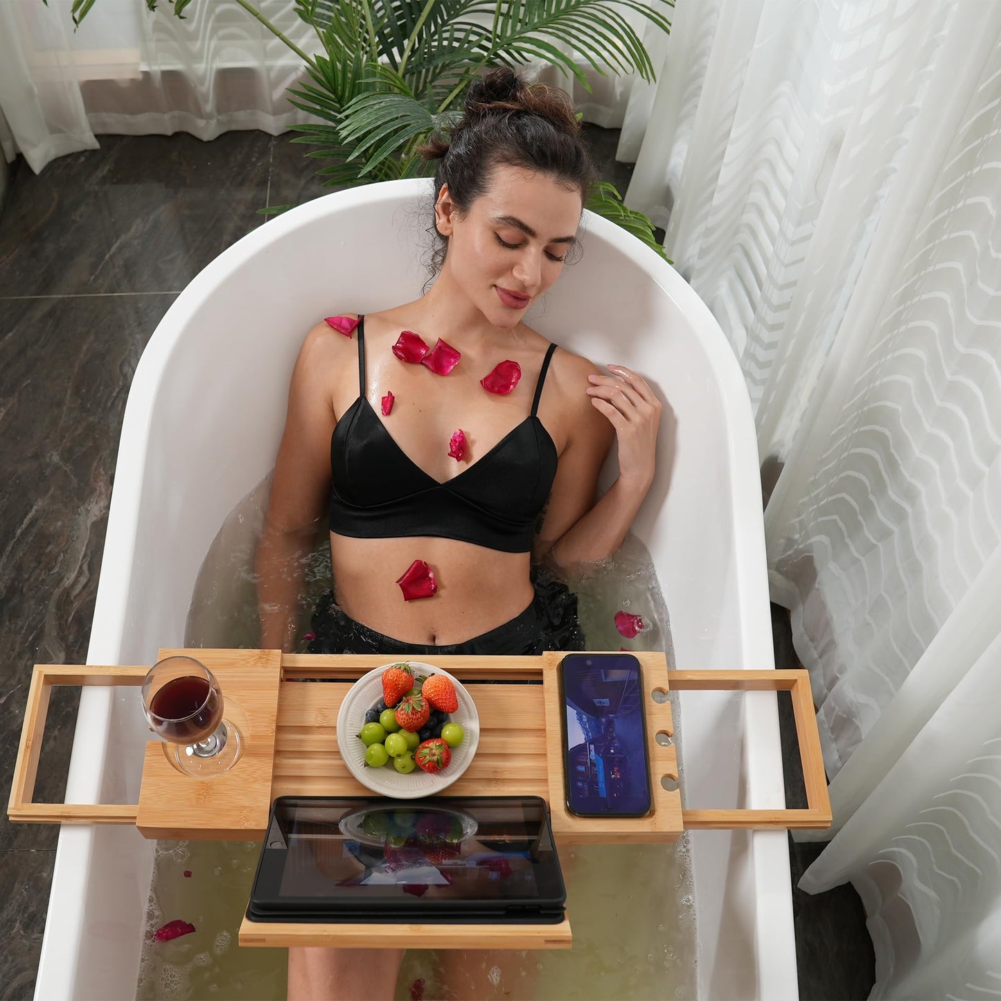 Utoplike Bamboo Bathing Accessories Bathtub Tray Wooden Bath Caddy with DEMO