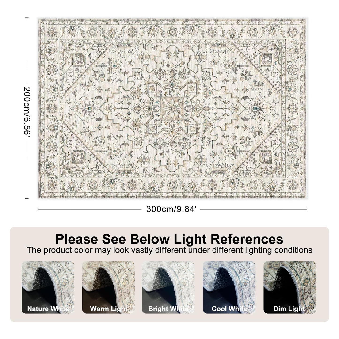 TFMODBFA Large Area Rug Vintage Carpet Washable Non-Slip Ivory 300 x 200 cm NEW