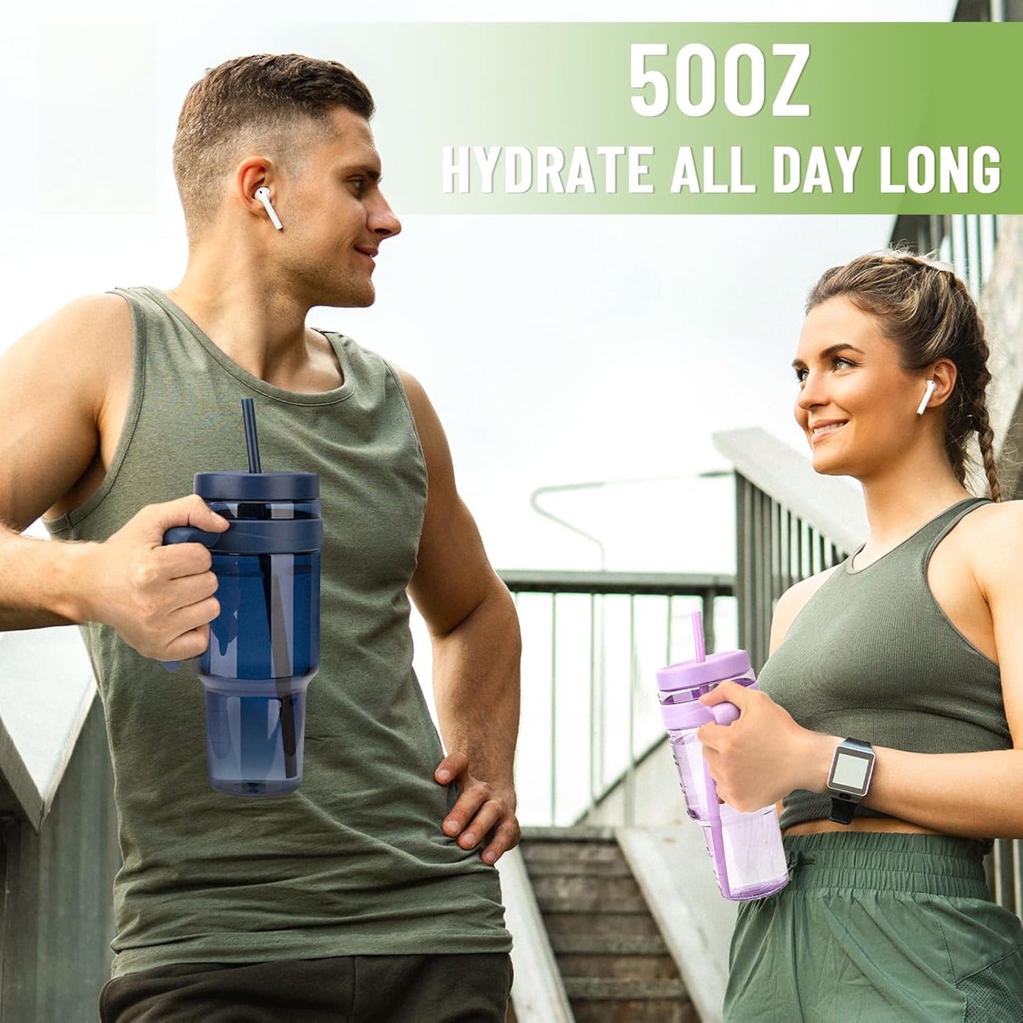 Tronco Sports Water Bottles Reusable Tumbler with Straw Lid BPA-Free 50oz NEW