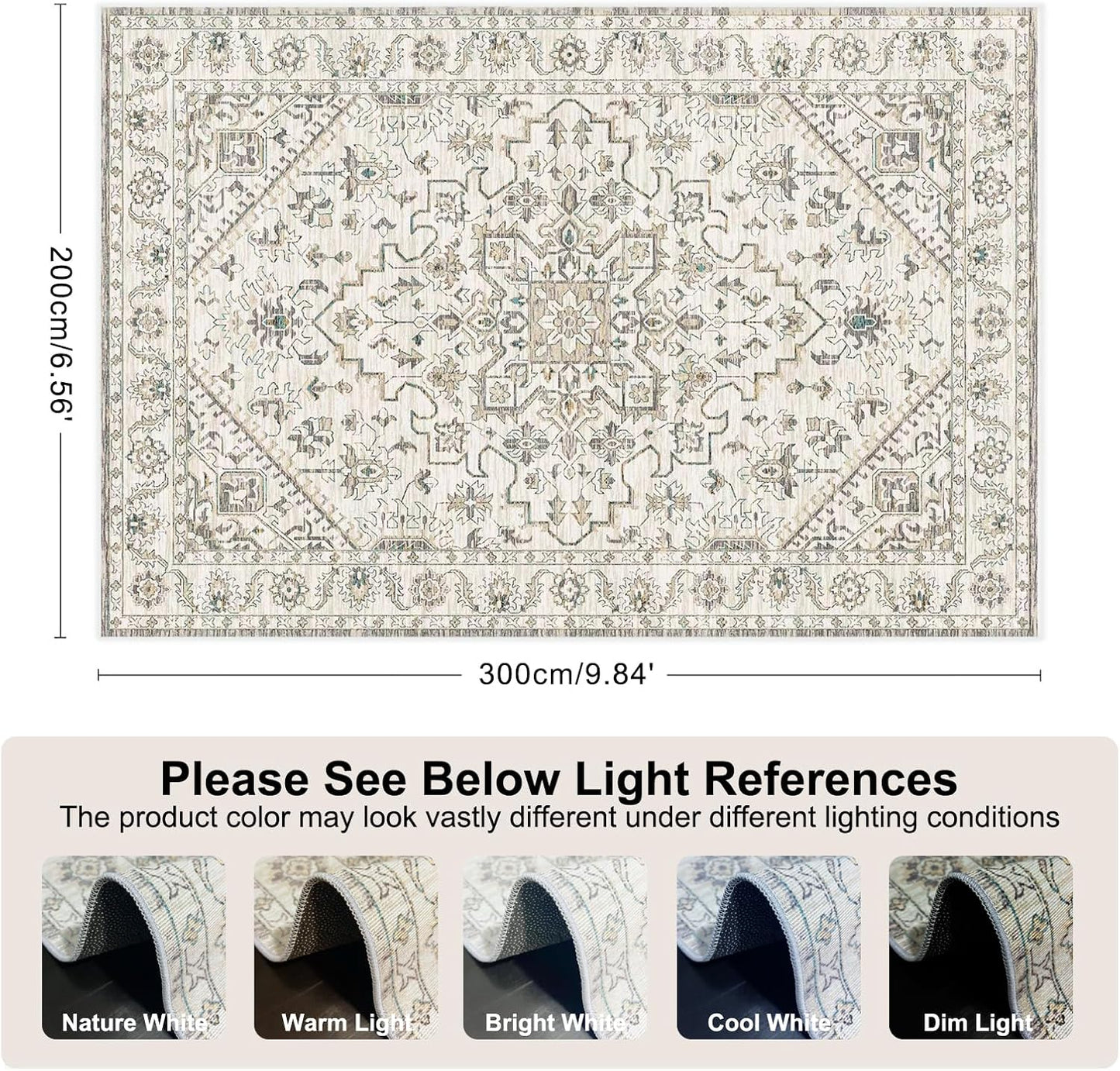 TFMODBFA Area Rugs Vintage Carpet Washable Non-Slip Ivory Size 200 x 300 cm NEW