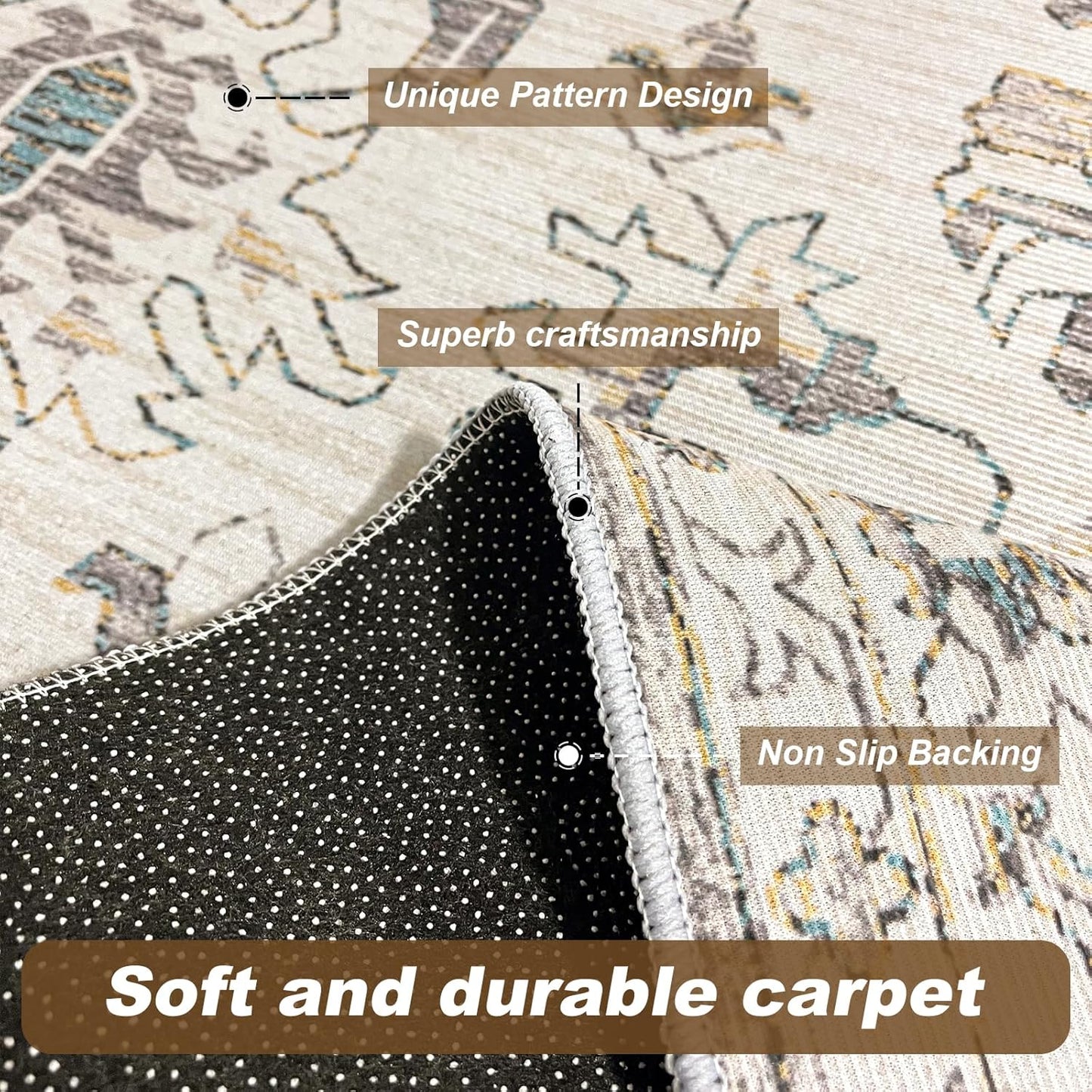 TFMODBFA Area Rugs Vintage Carpet Washable Non-Slip Ivory Size 200 x 300 cm NEW