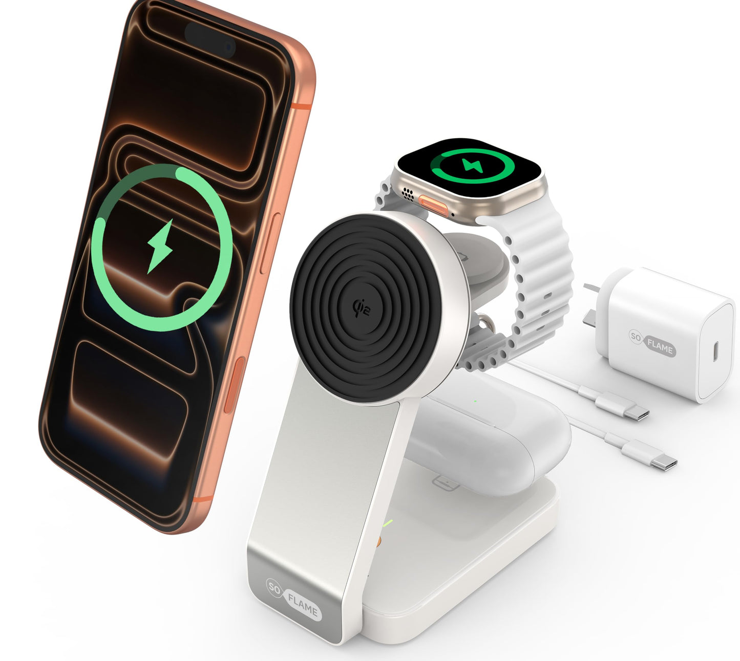 SOFLAME 3-in-1 Induction Chargers Foldable Magnetic Wireless Charger NEW
