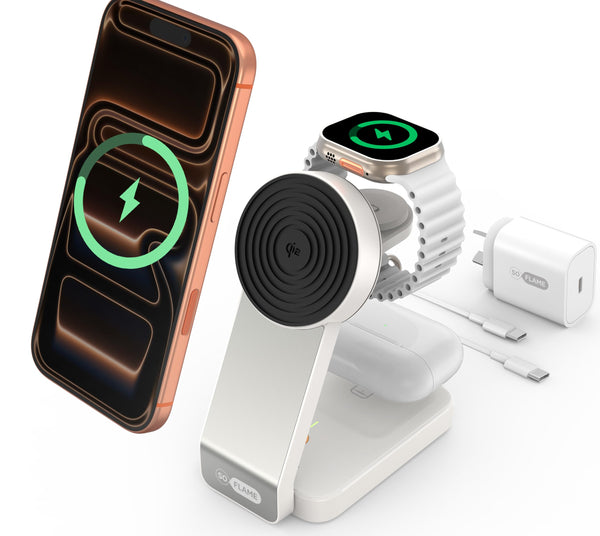 SOFLAME 3-in-1 Induction Chargers Foldable Magnetic Wireless Charger NEW