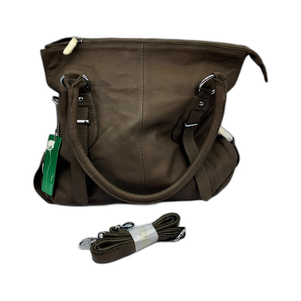 Poppy Green Womens Leather Handbag Tote Satchel Purse in Brownish Grey NEW