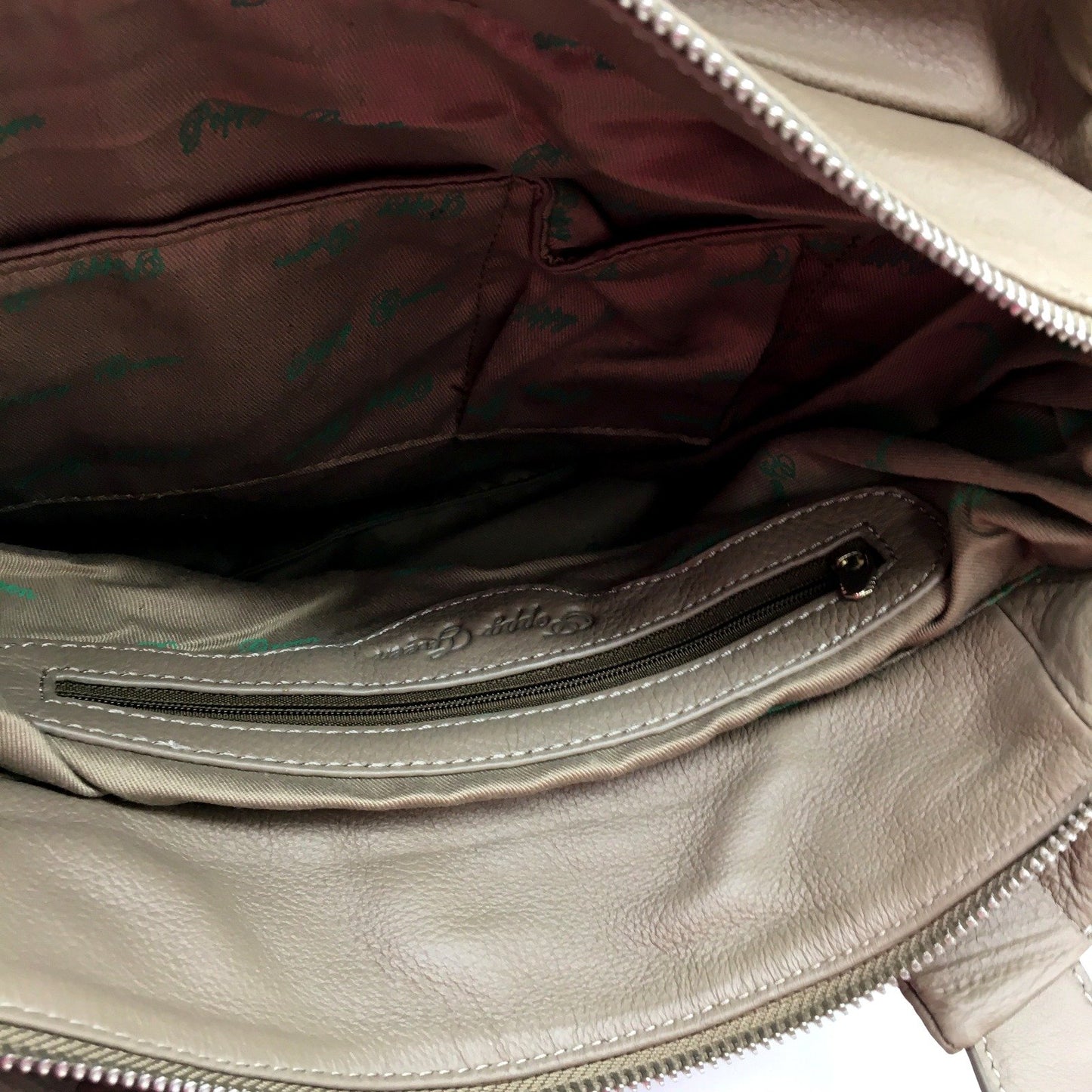 Poppy Green Womens Leather Handbag Brownish Grey Ruched Tote Bag NEW