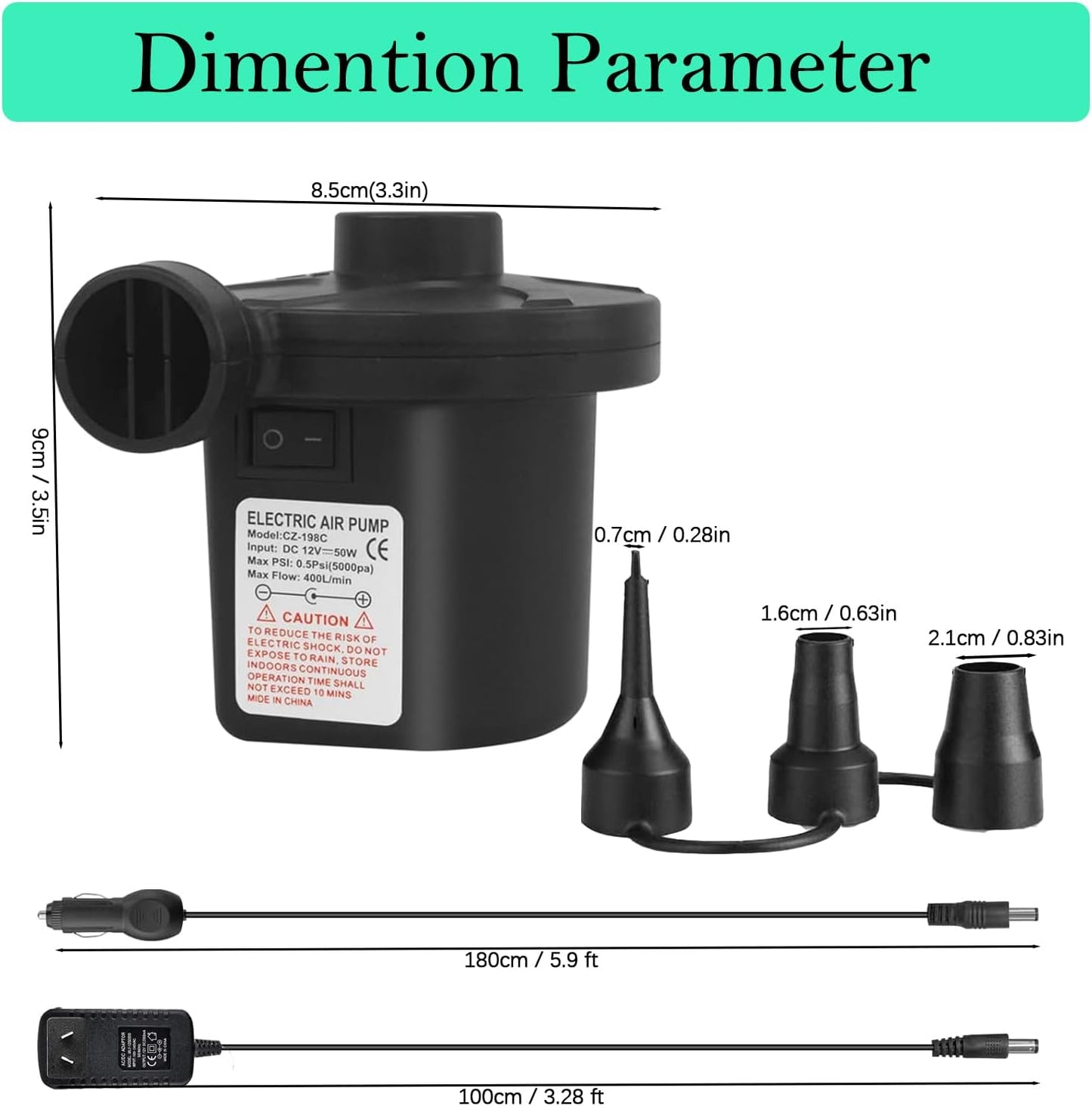 WFeyahiner Electric Pump for Inflatables with 3 Nozzles High Power NEW