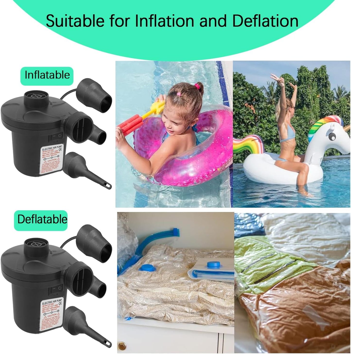 WFeyahiner Electric Pump for Inflatables with 3 Nozzles High Power NEW