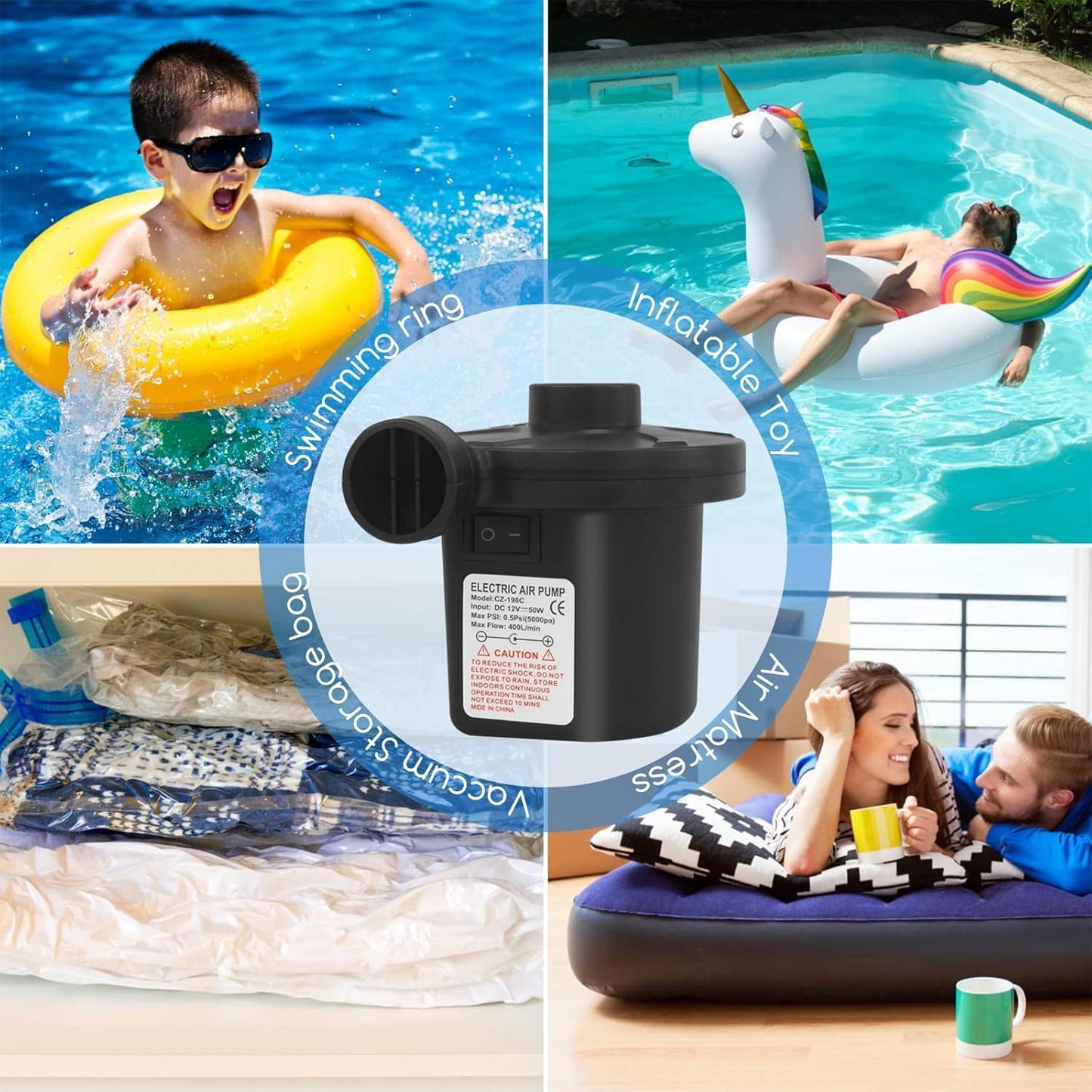 WFeyahiner Electric Pump for Inflatables with 3 Nozzles High Power NEW