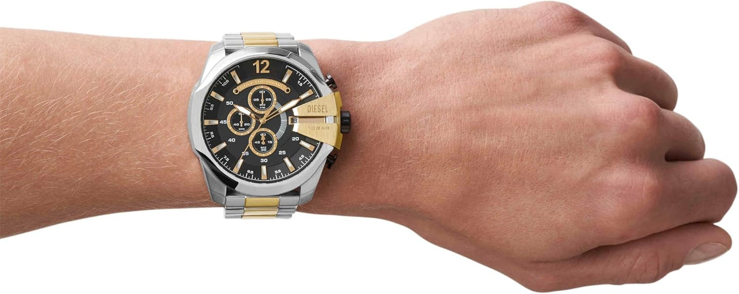 Diesel Mens Wrist Watch Mega Chief Analogue Silver Gold Timepiece DZ4581 NEW