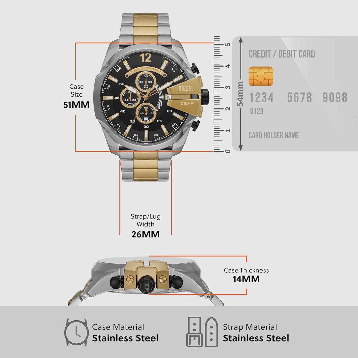 Diesel Mens Wrist Watch Mega Chief Analogue Silver Gold Timepiece DZ4581 NEW