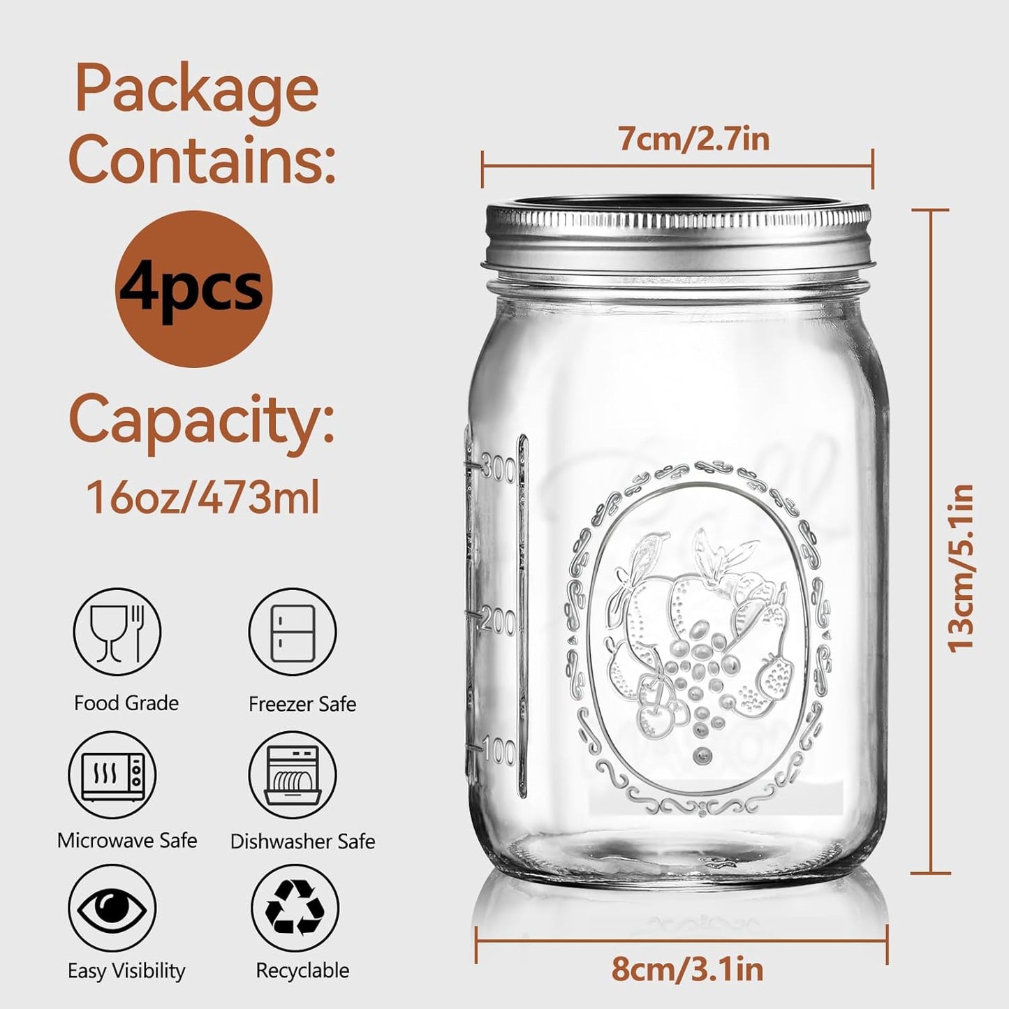 Roccar Transparent Storage Jars & Canisters Glass Airtight Lids 4*16oz NEW