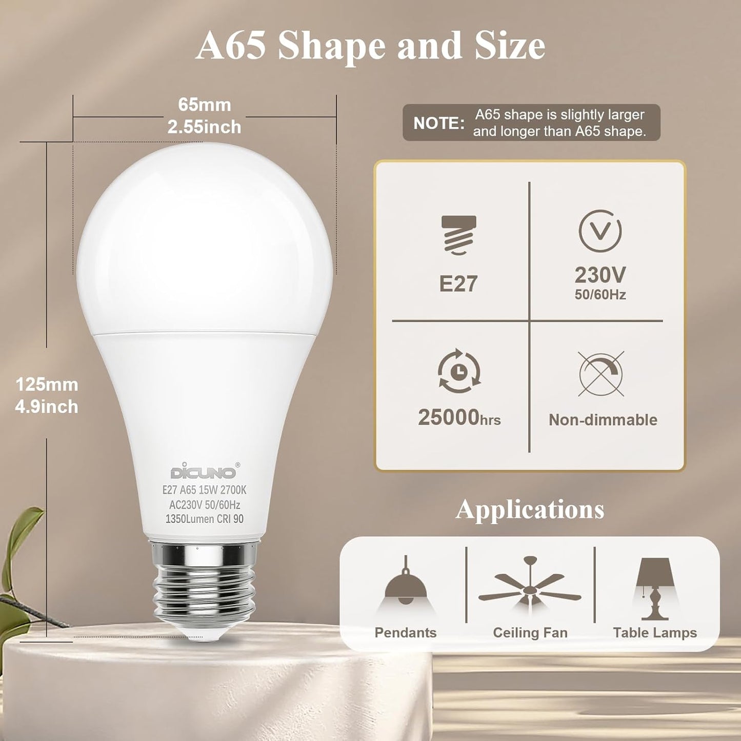DiCUNO E27 LED Bulbs 15W Equivalent to 100W Incandescent Warm White 2700K NEW