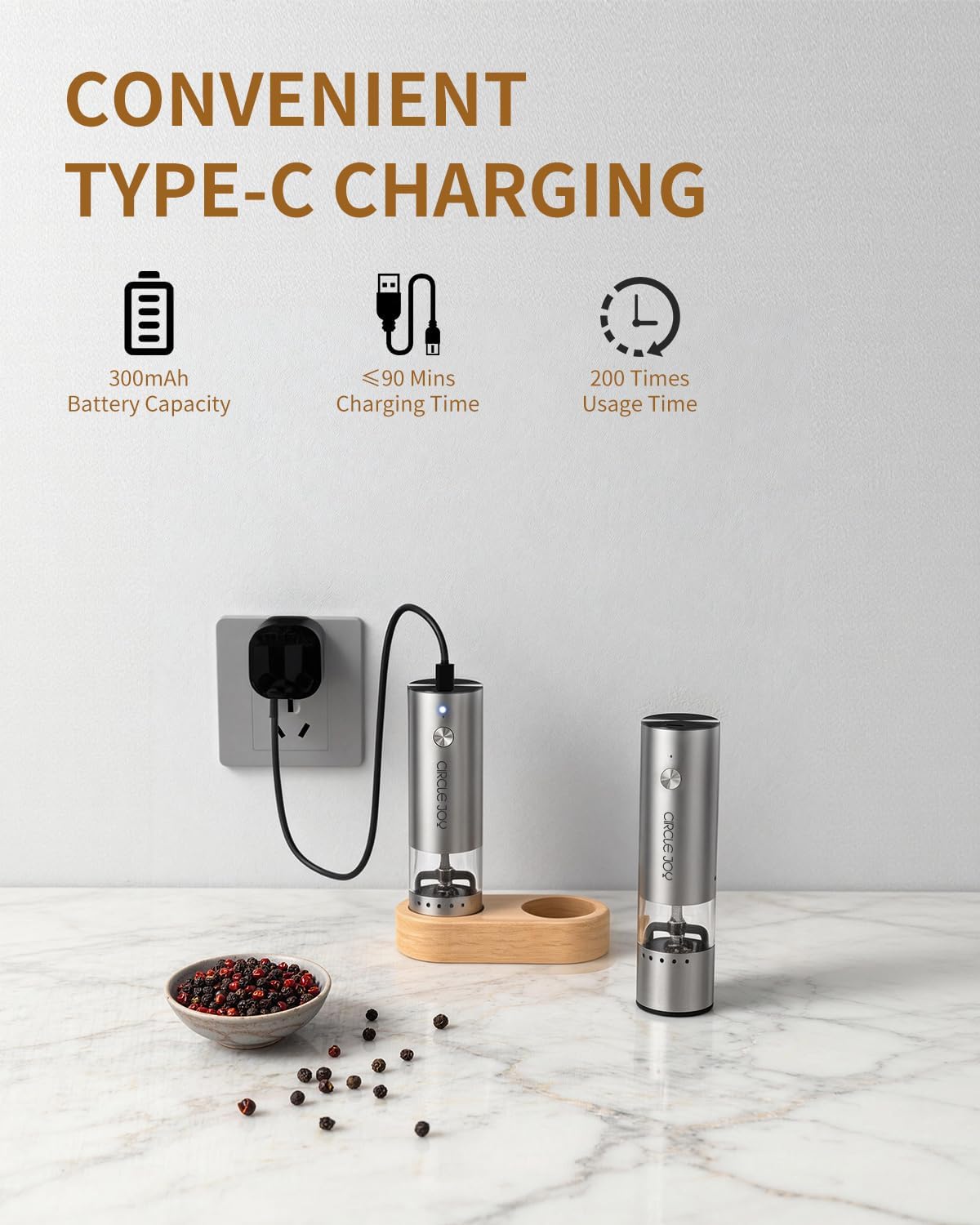 CIRCLE JOY Salt & Pepper Mill Sets Electric Salt and Pepper Grinder Set USB NEW