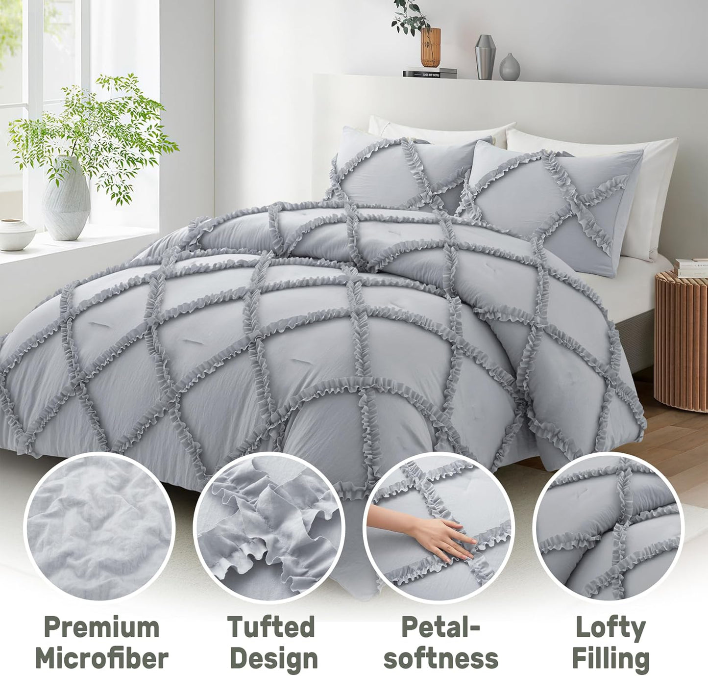 Bonlino Tufted Light Grey Comforter Set Soft Bedding Fluffy TWIN Size NEW