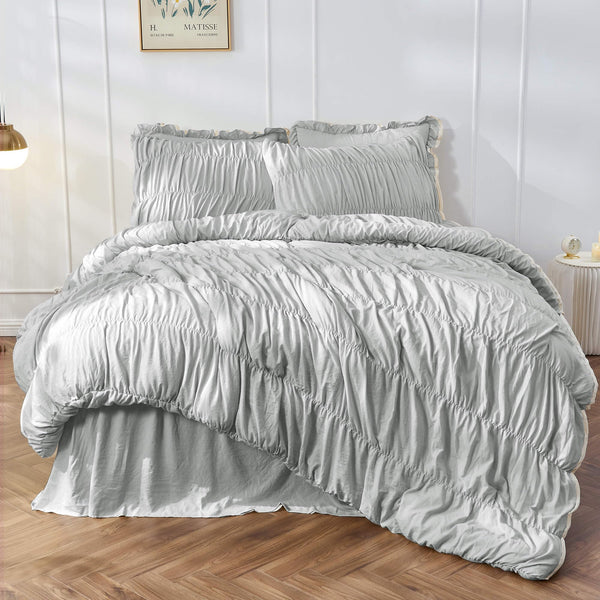 Bonlino Oversized King Size Light Grey Ruched Comforter Set NEW