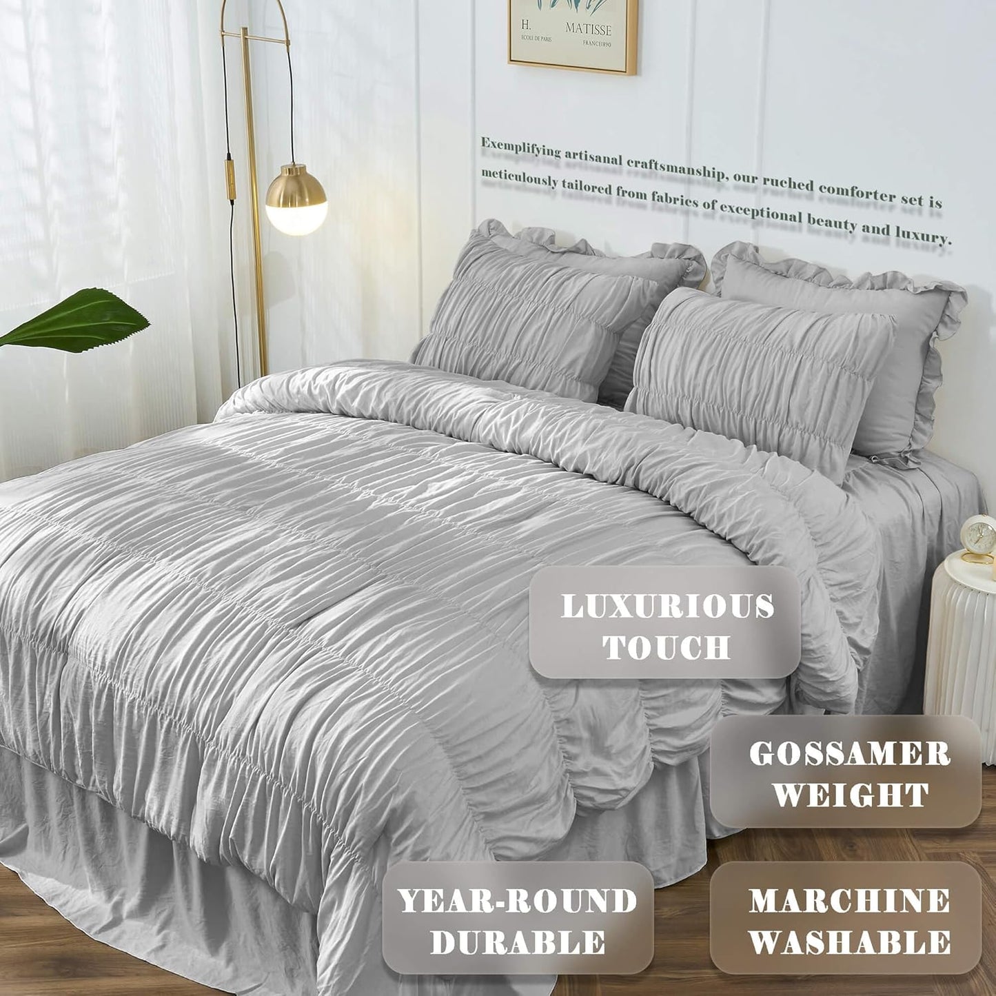 Bonlino Oversized King Size Light Grey Ruched Comforter Set NEW