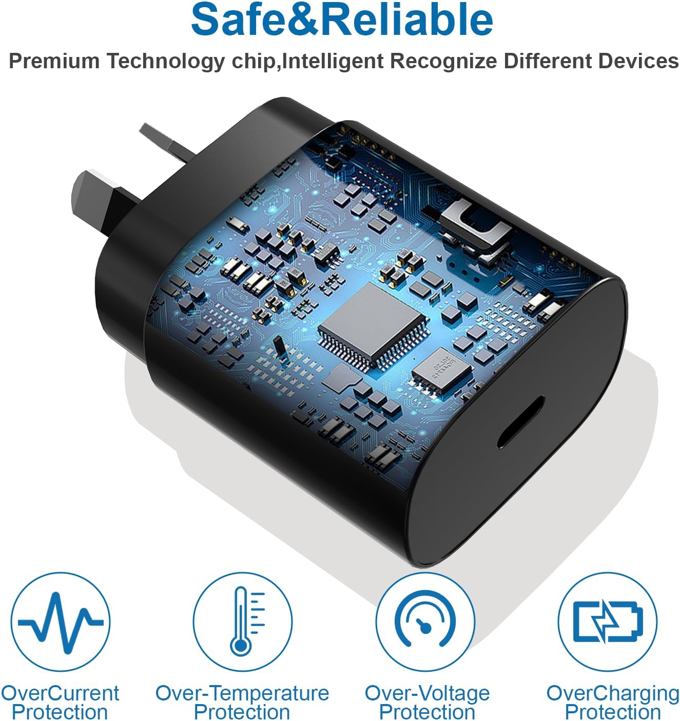 SCHITEC 25W 2 x Mains Chargers USB-C Fast Charger Adapter 1m Cable Black NEW