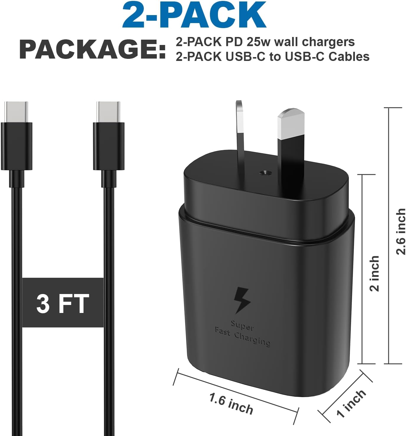 SCHITEC 25W 2 x Mains Chargers USB-C Fast Charger Adapter 1m Cable Black NEW
