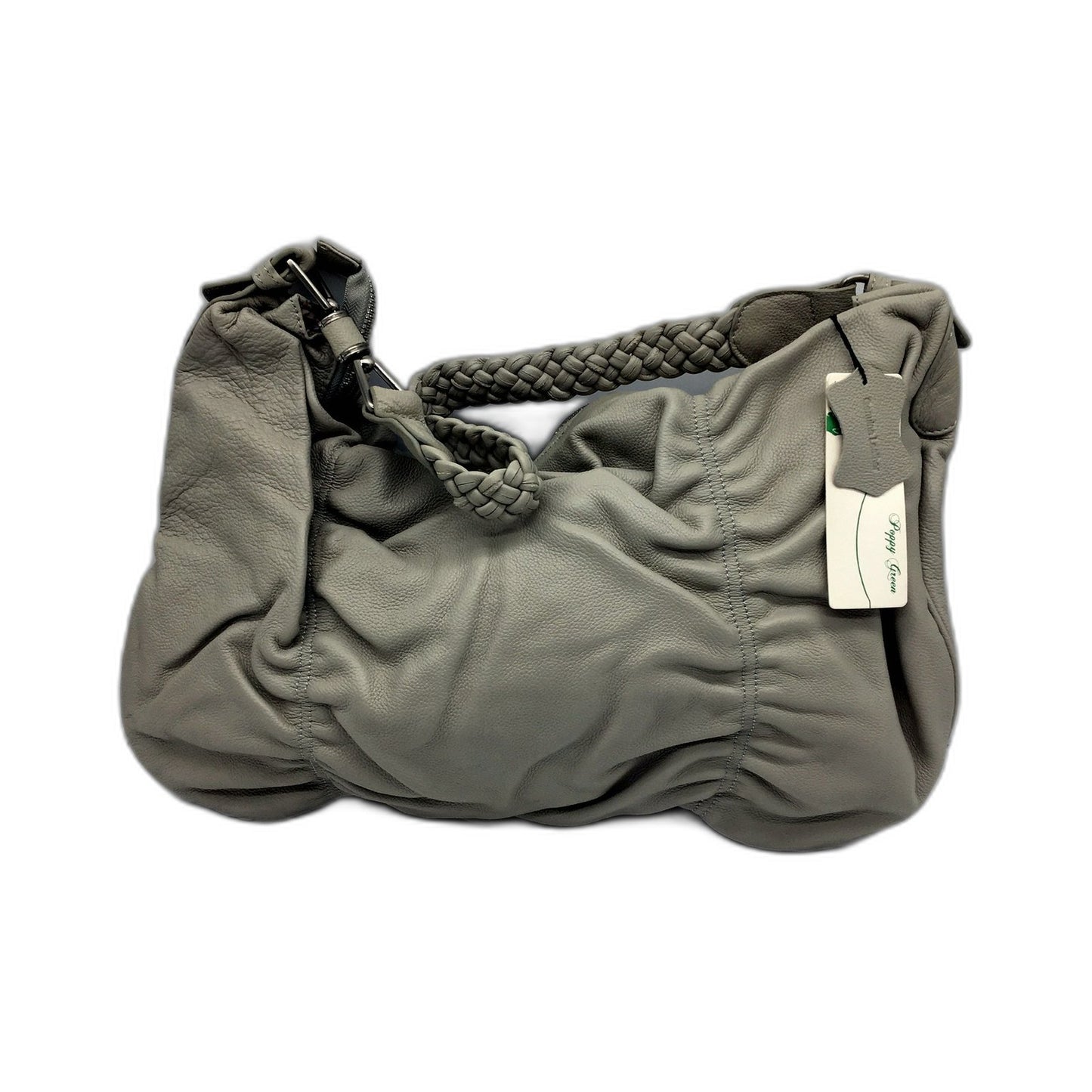 Poppy Green Womens Leather Hobo Handbag Grey Braided Strap Zipper Closure NEW