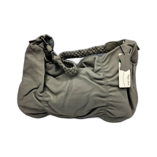 Poppy Green Womens Leather Hobo Handbag Grey Braided Strap Zipper Closure NEW
