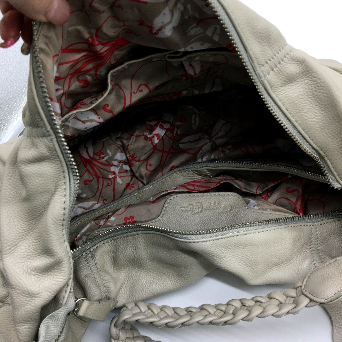 Poppy Green Womens Leather Hobo Handbag Grey Braided Strap Zipper Closure NEW