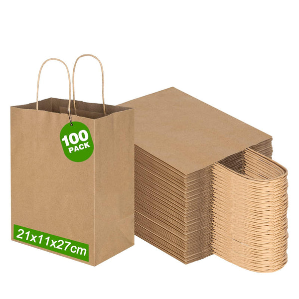 Toovip 100-Count Brown Paper Gift Bags, 21x11x27cm, Reusable Kraft Bags NEW