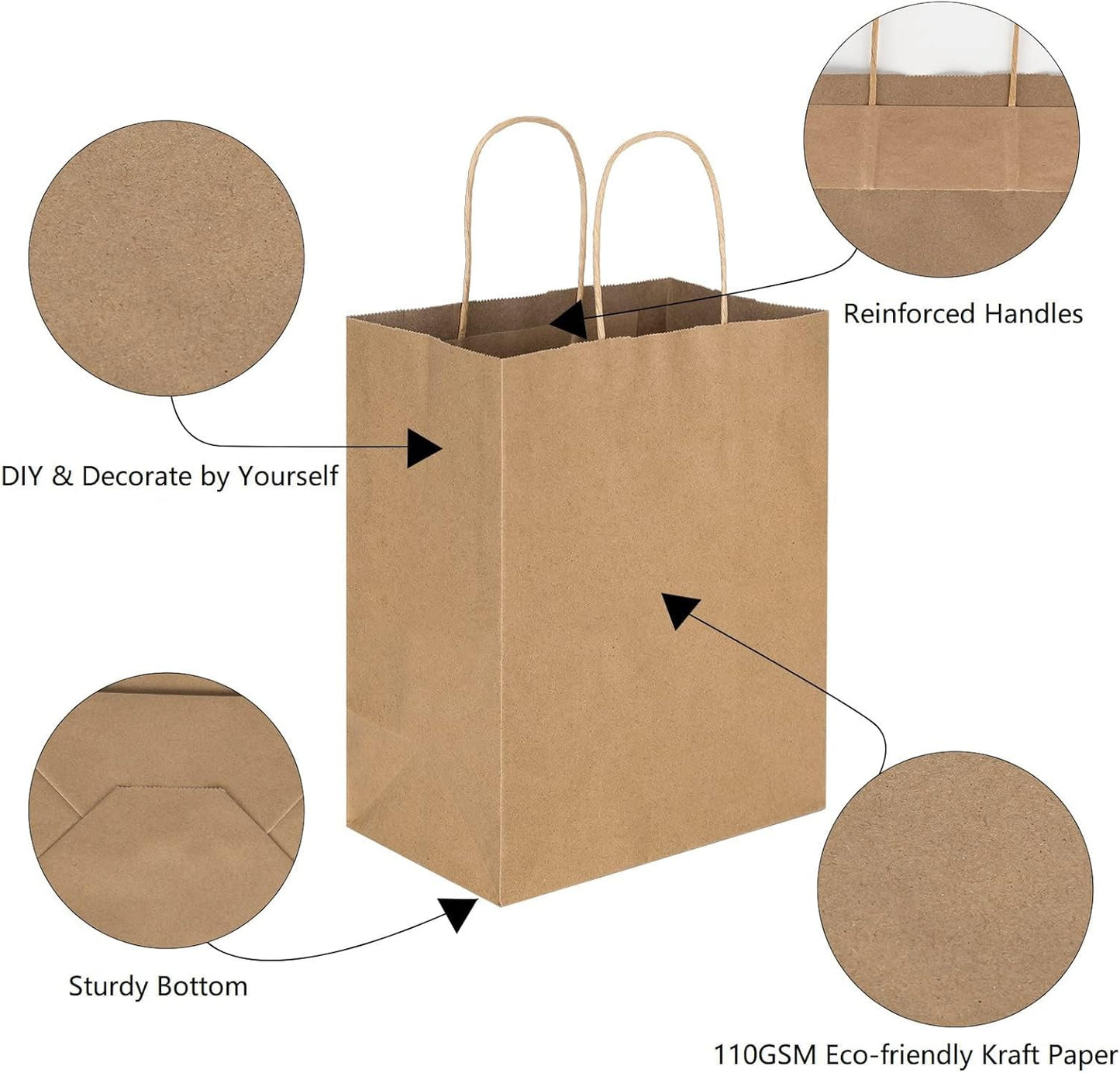 Toovip 100-Count Brown Paper Gift Bags, 21x11x27cm, Reusable Kraft Bags NEW